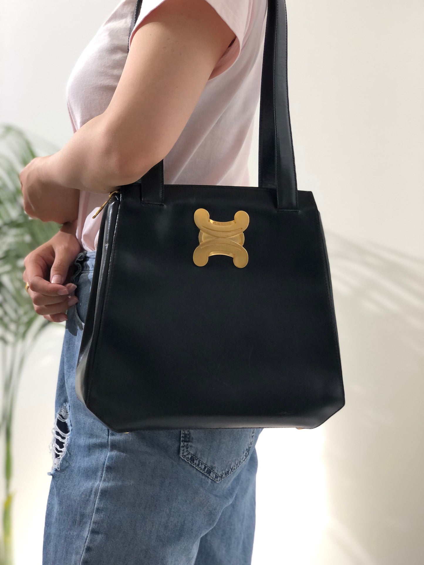 CELINE Triomphe 皮革托特包肩包黑金復古舊款 Celine cpfk62