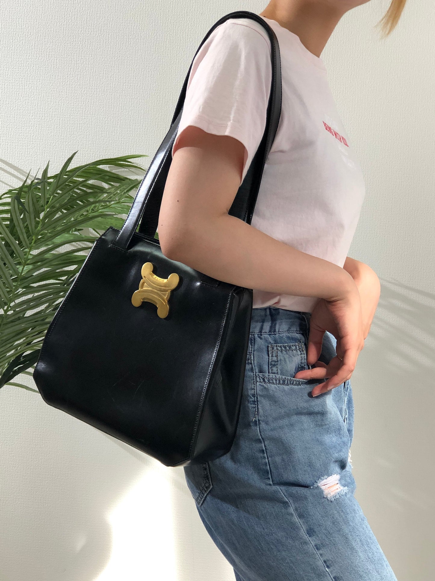 CELINE Triomphe 皮革托特包肩包黑金復古舊款 Celine cpfk62