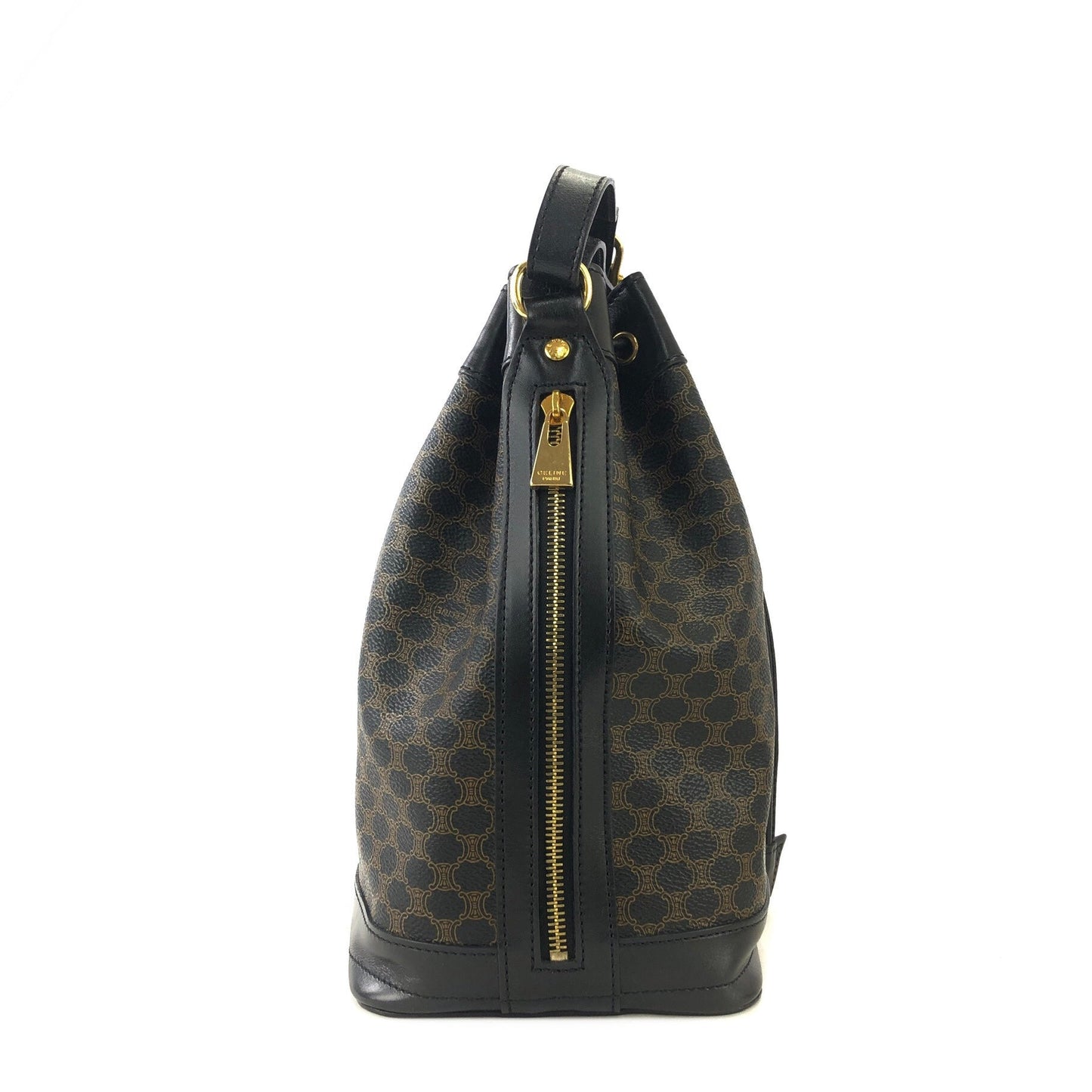 CELINE Macadam Blason Side zipper Drawstring Shoulder bag Black Vintage Old Celine u5gukm