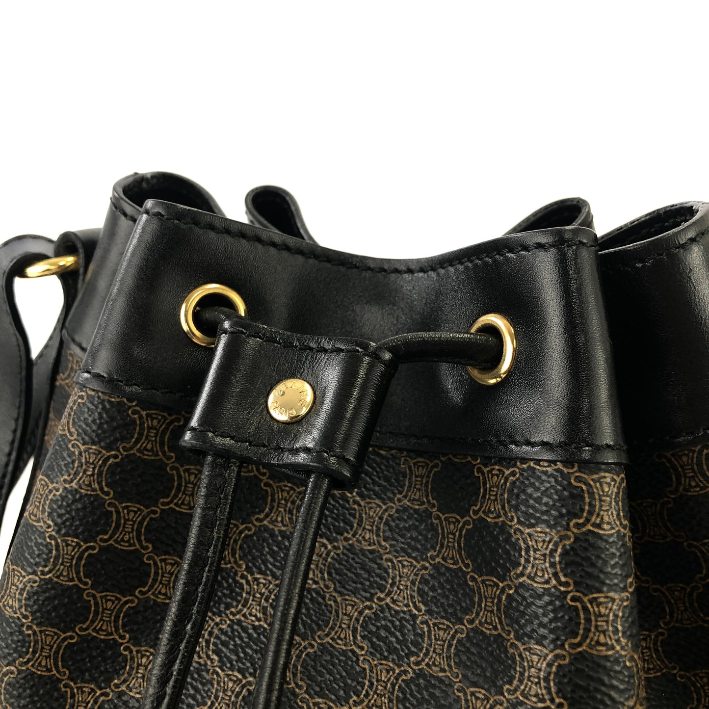 CELINE Macadam Blason Side zipper Drawstring Shoulder bag Black Vintage Old Celine u5gukm