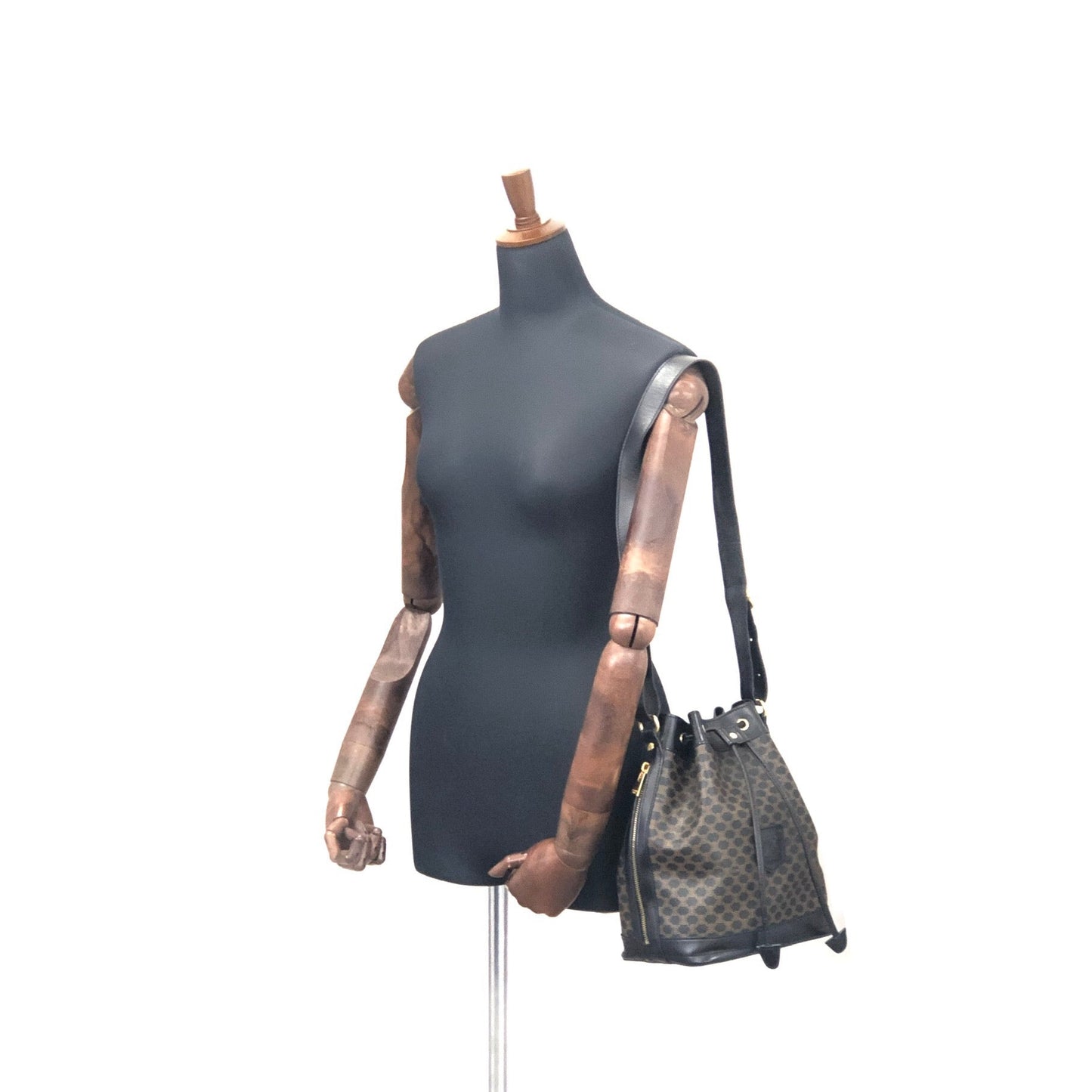 CELINE Macadam Blason Side zipper Drawstring Shoulder bag Black Vintage Old Celine u5gukm