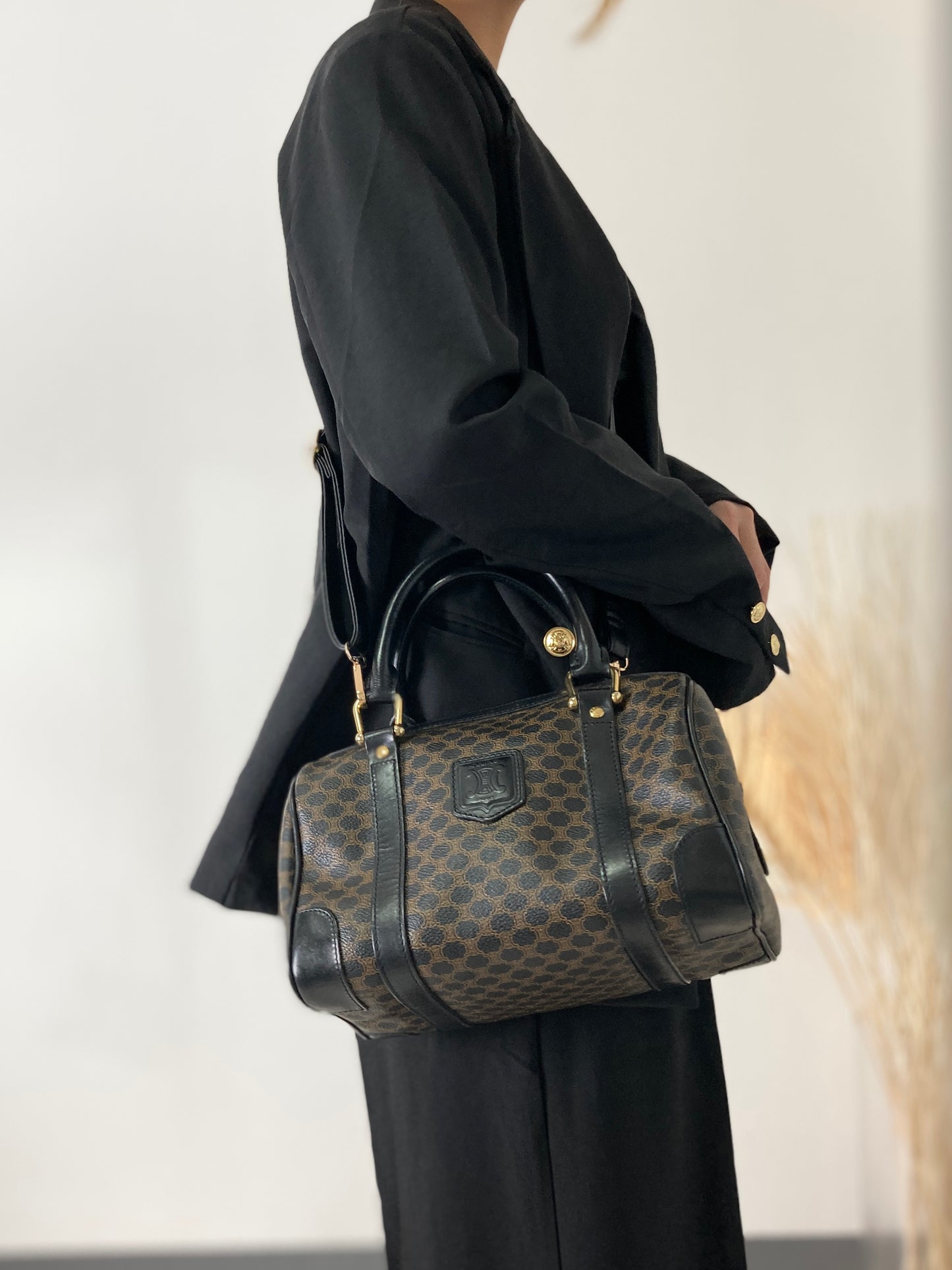 CELINE Macadam Blason Two-way Handbag Shoulder bag Boston bag Black Vintage kx4b84
