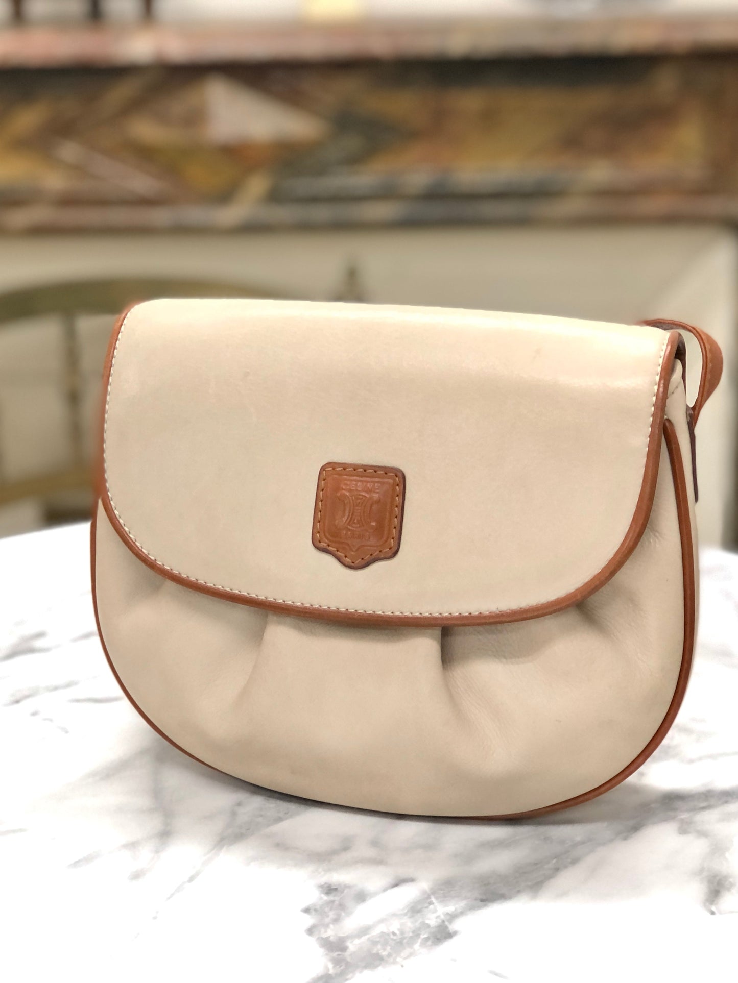 CELINE Blason Shirring Shoulder bag Ivory Vintage Old CELINE vatnr3