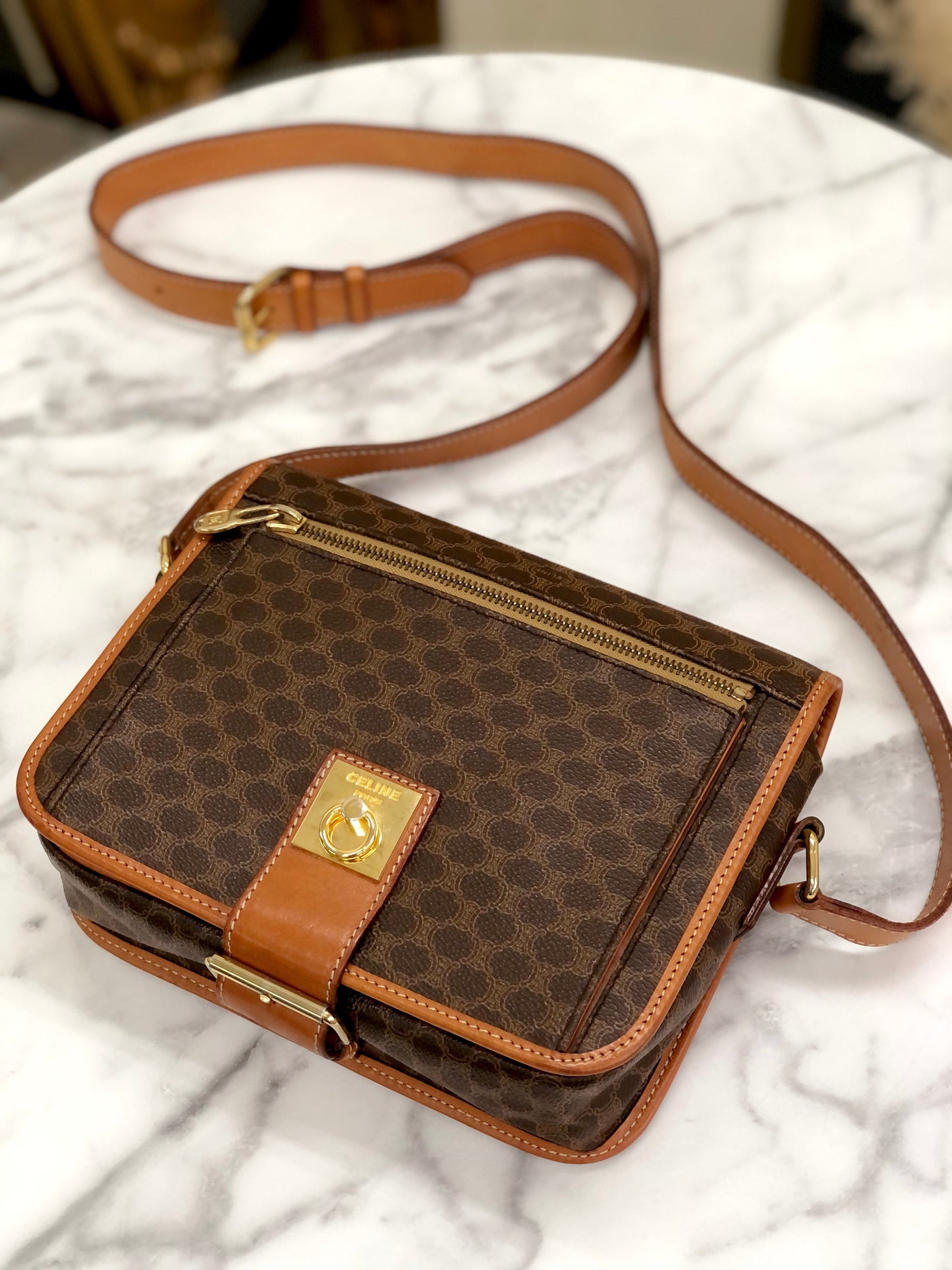 CELINE Macadam Gancini Front zipper Square Shoulderbag Brown Vintage Old celine pwfngn