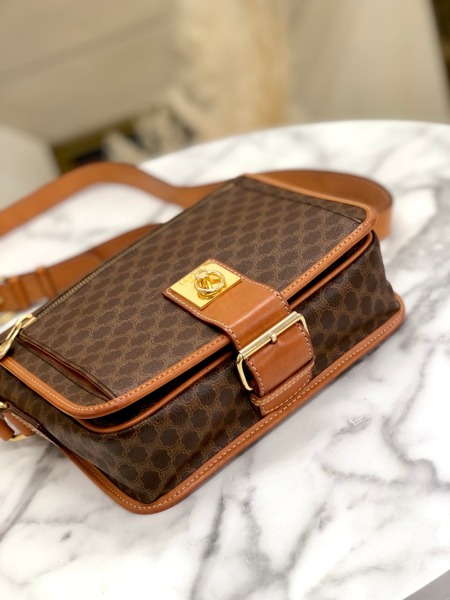CELINE Macadam Gancini Front zipper Square Shoulderbag Brown Vintage Old celine pwfngn