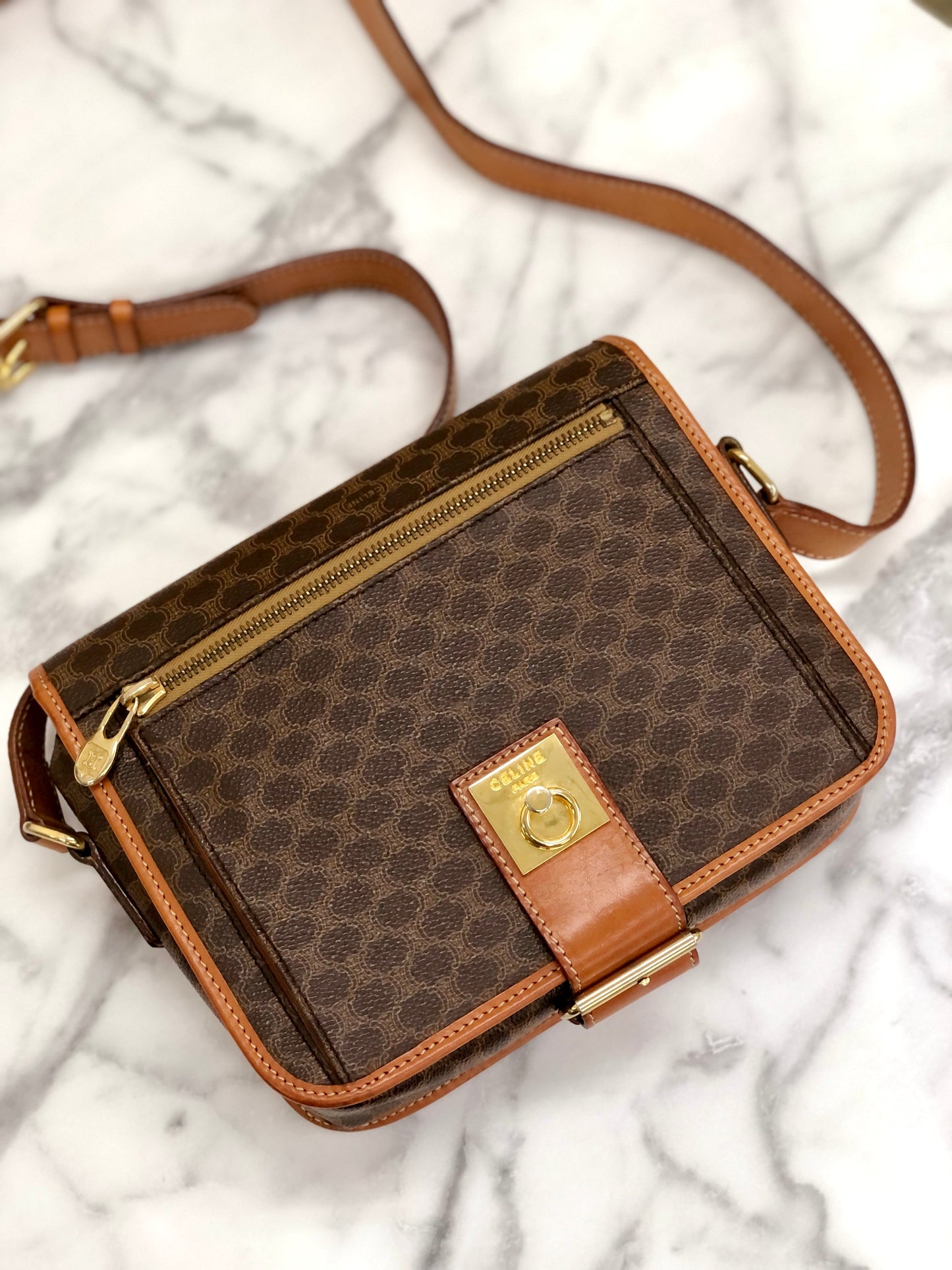 CELINE Macadam Gancini Front zipper Square Shoulderbag Brown Vintage Old celine pwfngn