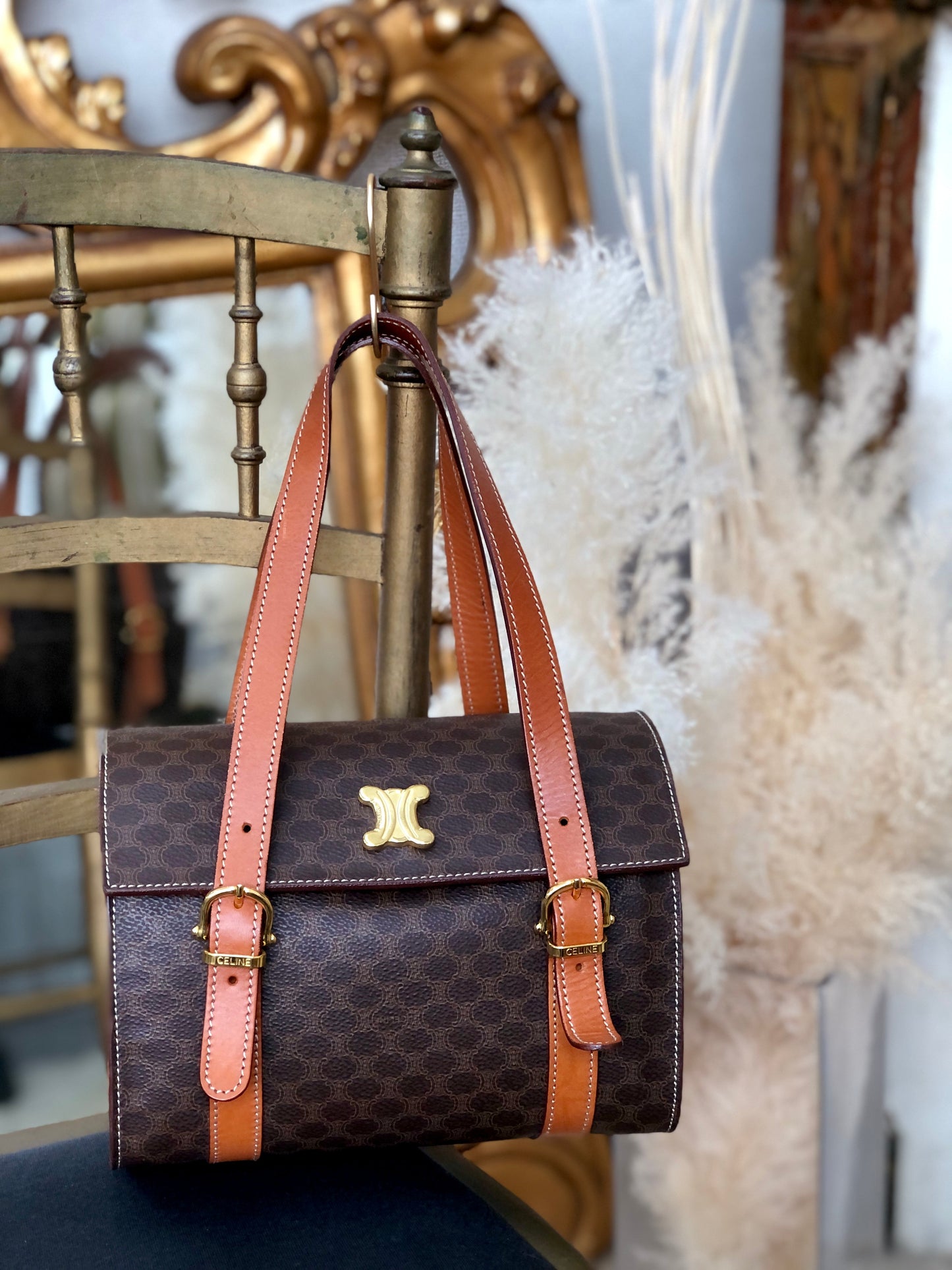 CELINE Macadam Blason Triomphe Box Handbag Brown Vintage Old CELINE axjbki