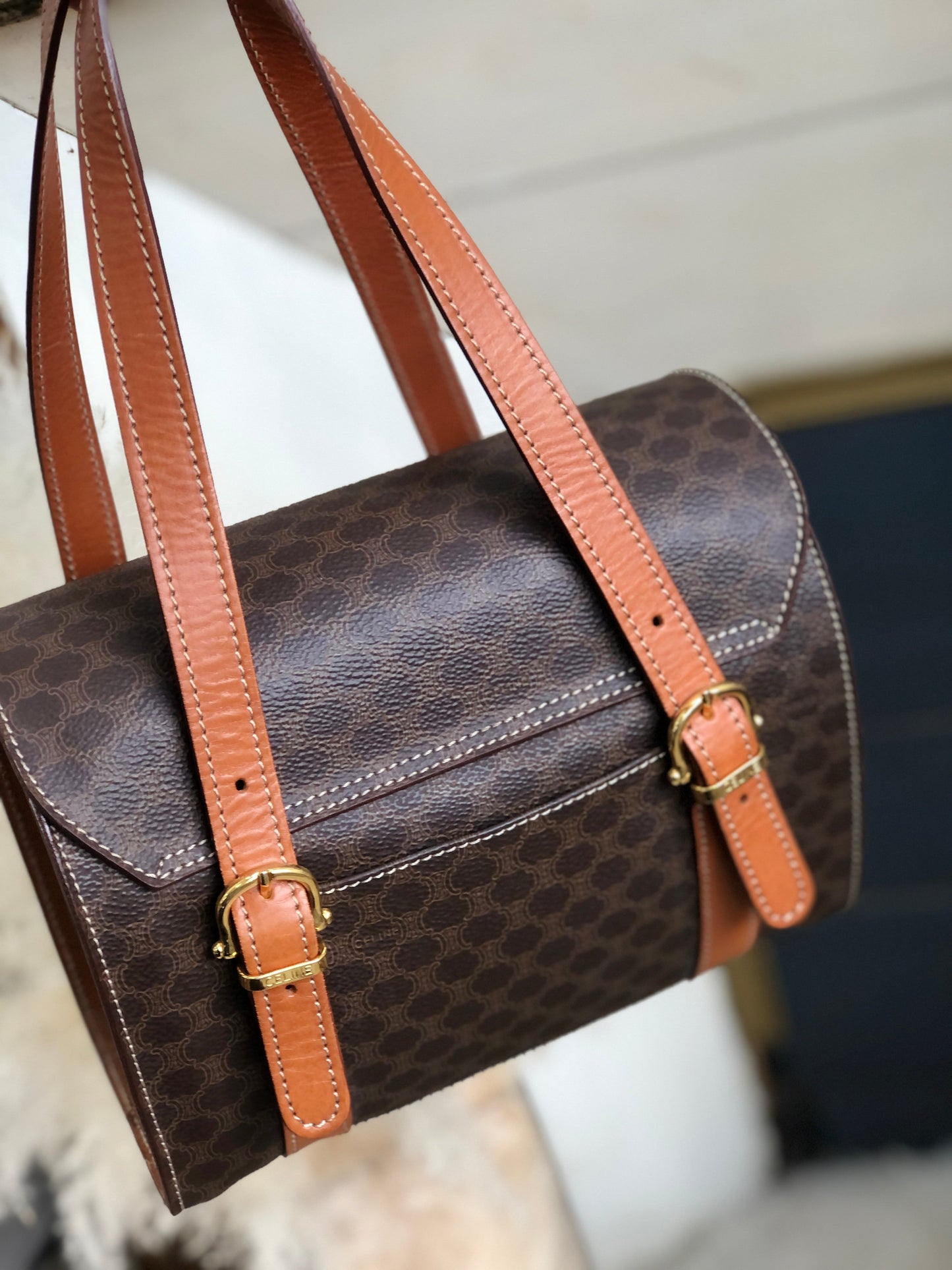 CELINE Macadam Blason Triomphe Box Handbag Brown Vintage Old CELINE axjbki