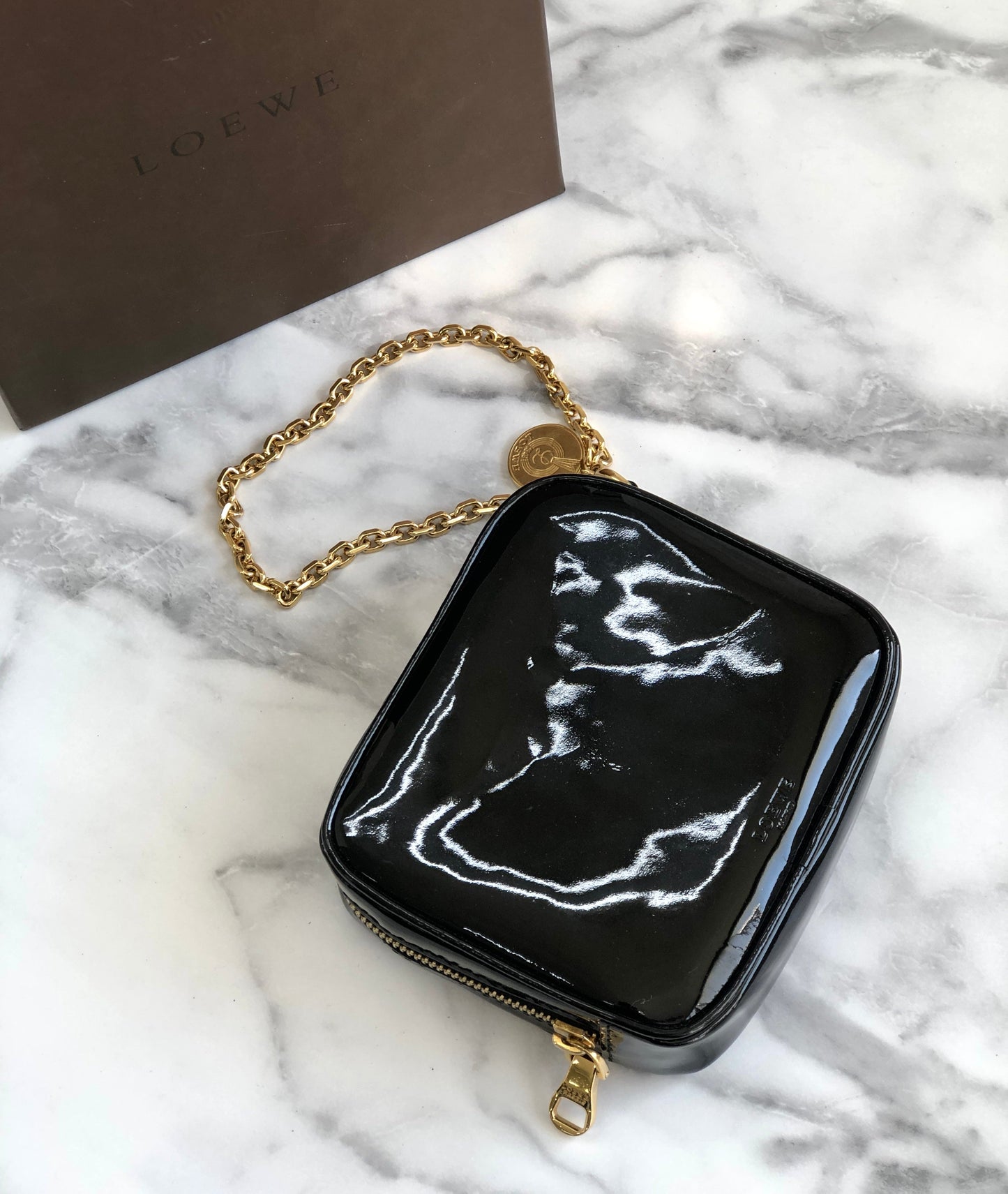 LOEWE Patent leather Chain Mini bag Pouch Black Vintage Old cg2mth