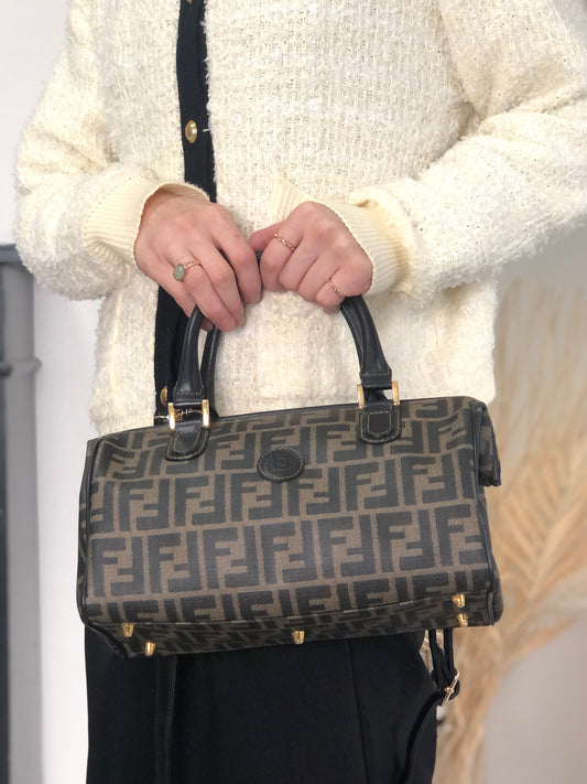 FENDI Zucca Logo Two-way Handbag Shoulder bag Boston bag Black Vintage yh8esb