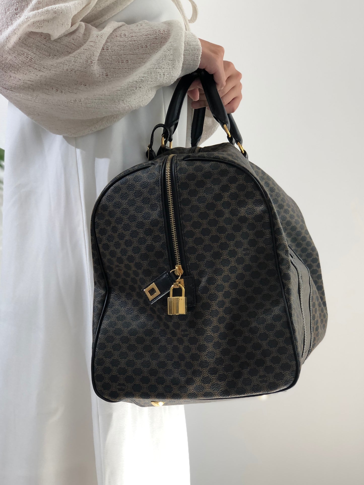 CELINE Macadam Blason Boston Travel Bag Black Vintage Old Celine mvwisn