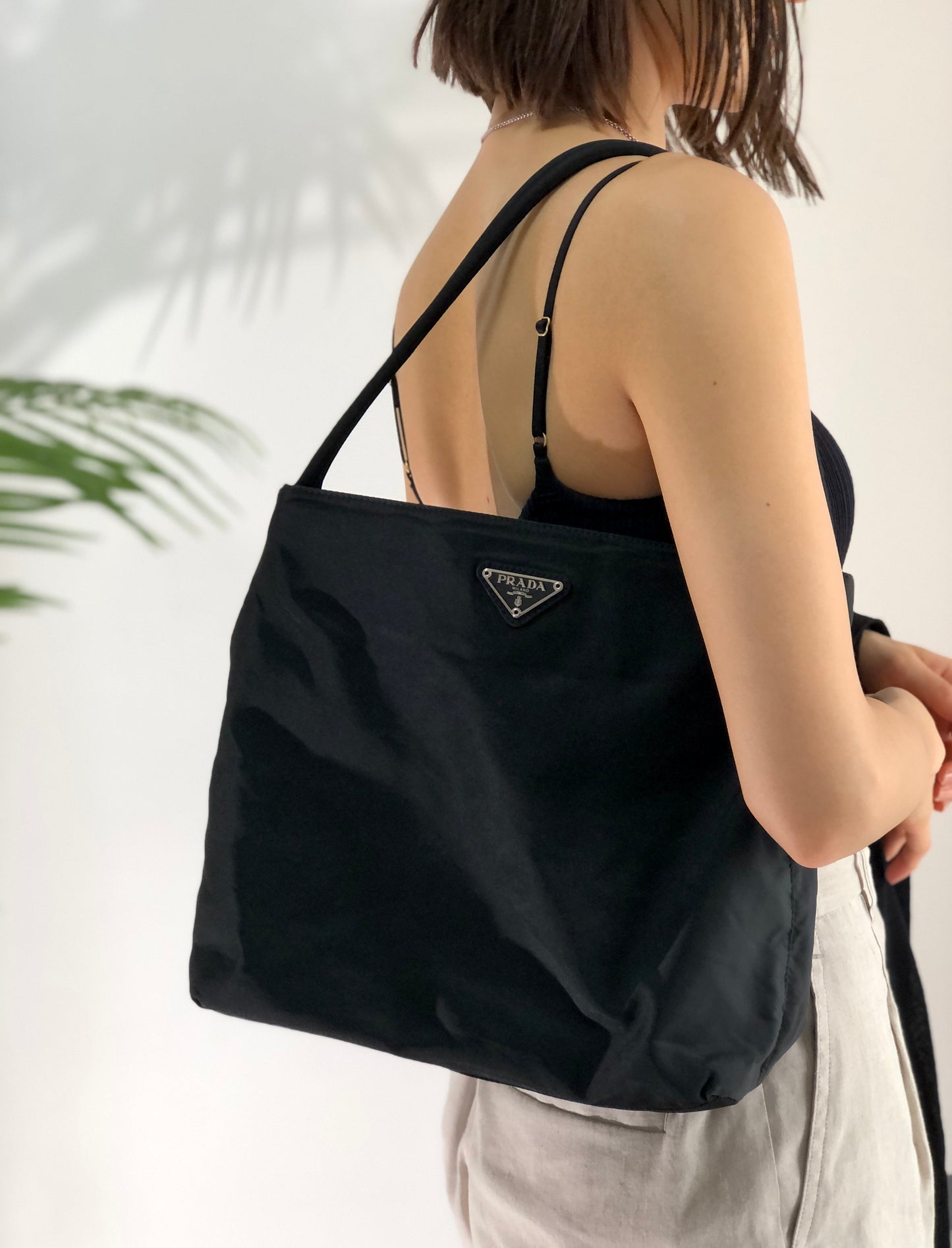 PRADA triangle logo Nylon one handle tote bag black Vintage Old 44guk3