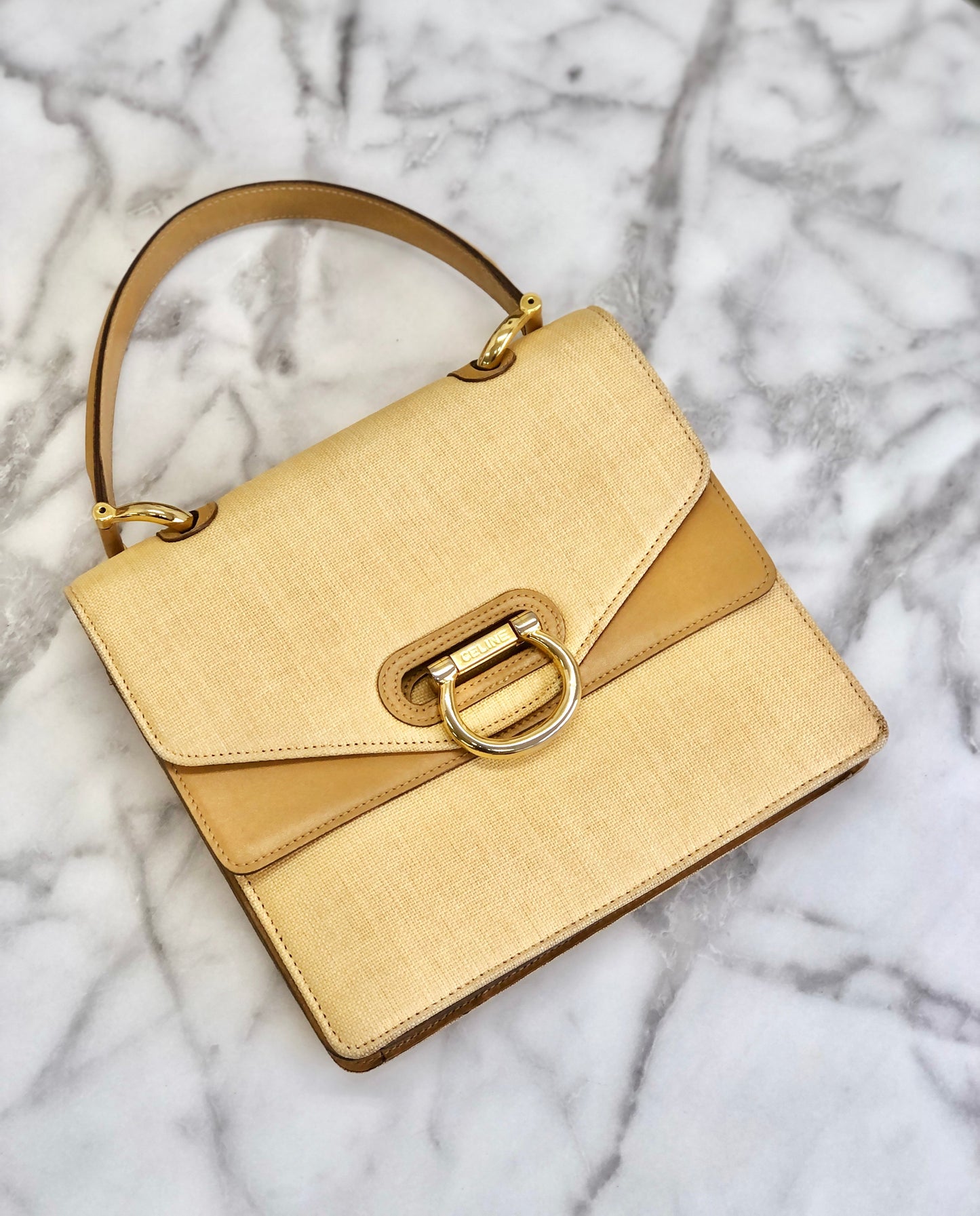 CELINE Raffia Basket weave Double flap Tophandle Handbag Beige Vintage Old CELINE 3fkipd