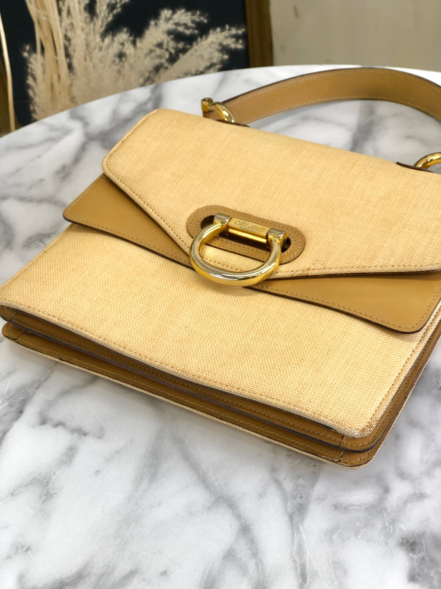 CELINE Raffia Basket weave Double flap Tophandle Handbag Beige Vintage Old CELINE 3fkipd