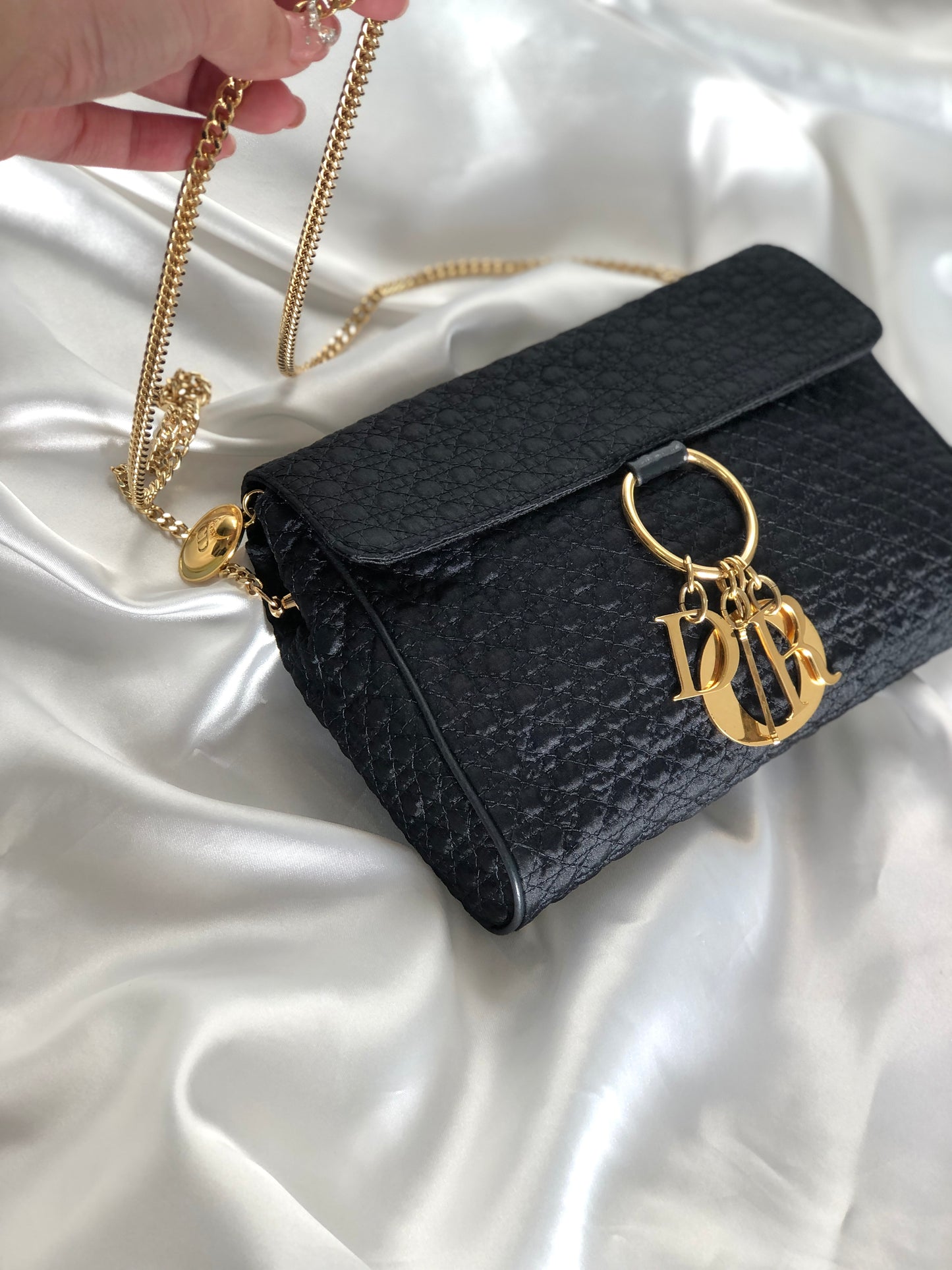 Christian Dior Cannage Logo Charm Nylon Chain Shoulder bag Navy Vintage i7uukd