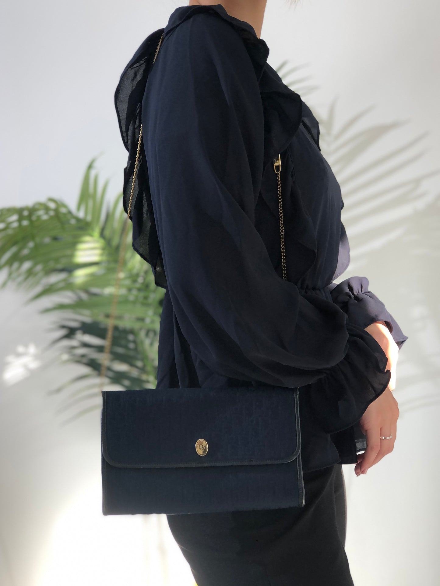 Christian Dior Trotter Logo 提花皮革鏈條斜背包單肩包海軍藍復古 khnany