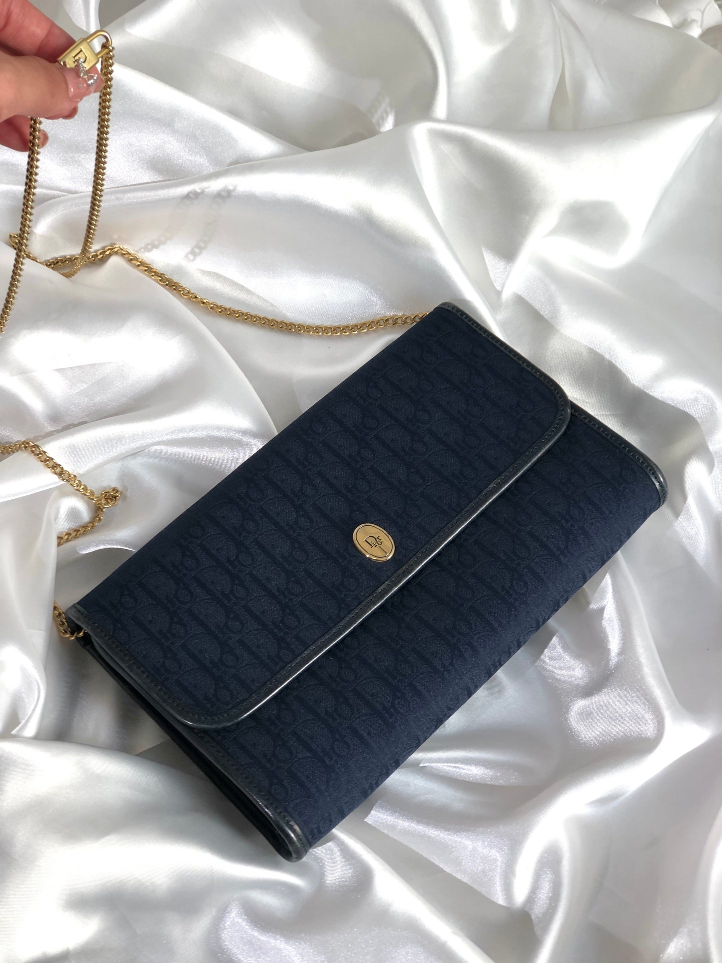 Christian Dior Trotter Logo 提花皮革鏈條斜背包單肩包海軍藍復古 khnany