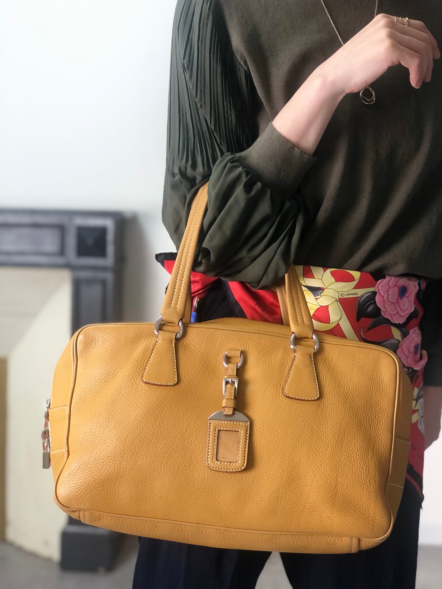 PRADALogo Embossed Small Boston bag Handbag Camel Vintage witjyy