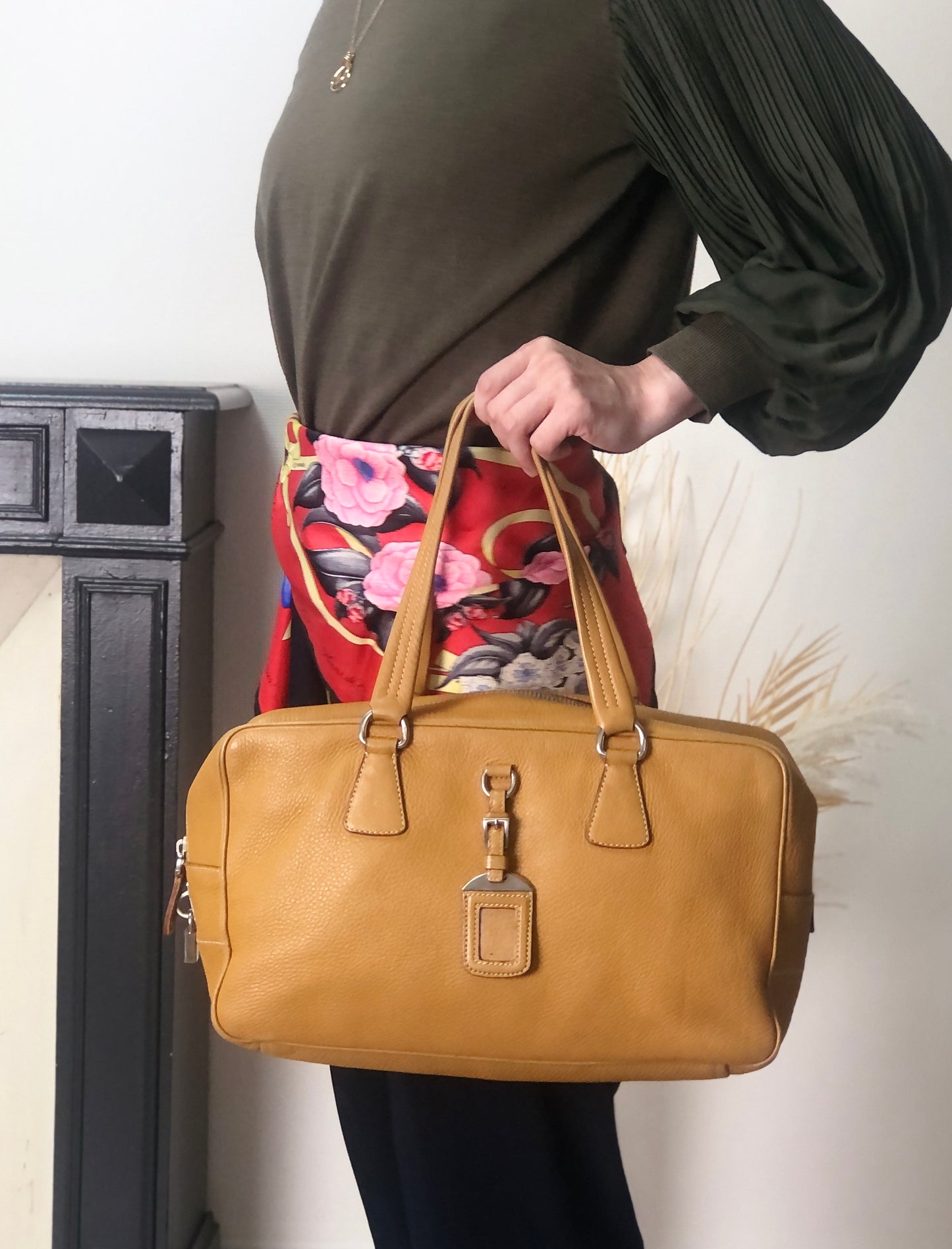 PRADALogo Embossed Small Boston bag Handbag Camel Vintage witjyy