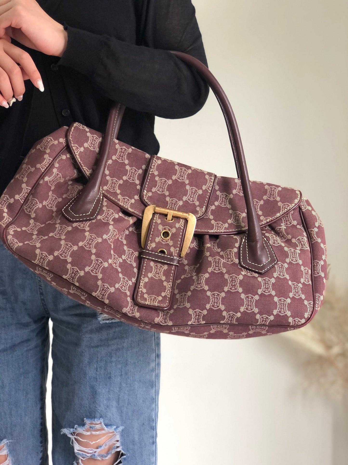 CELINE Paris Macadam Front Buckle Boston bag Purple Vintage Old CELINE r3uwfa