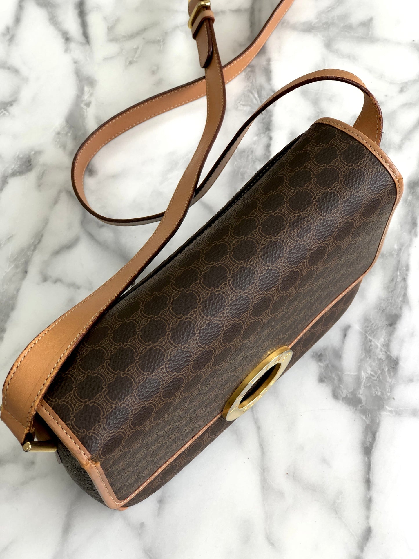CELINE Macadam Circle logo Crossbody Shoulderbag Brown Vintage Old Celine pue5hk