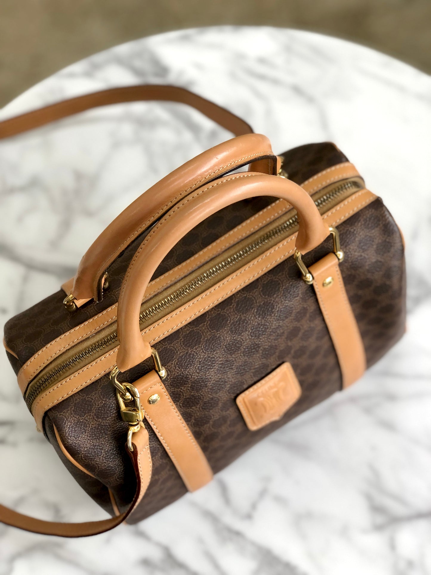 CELINE Macadam Blason Boston bag Handbag Brown Vintage Old Celine 3xwt7p