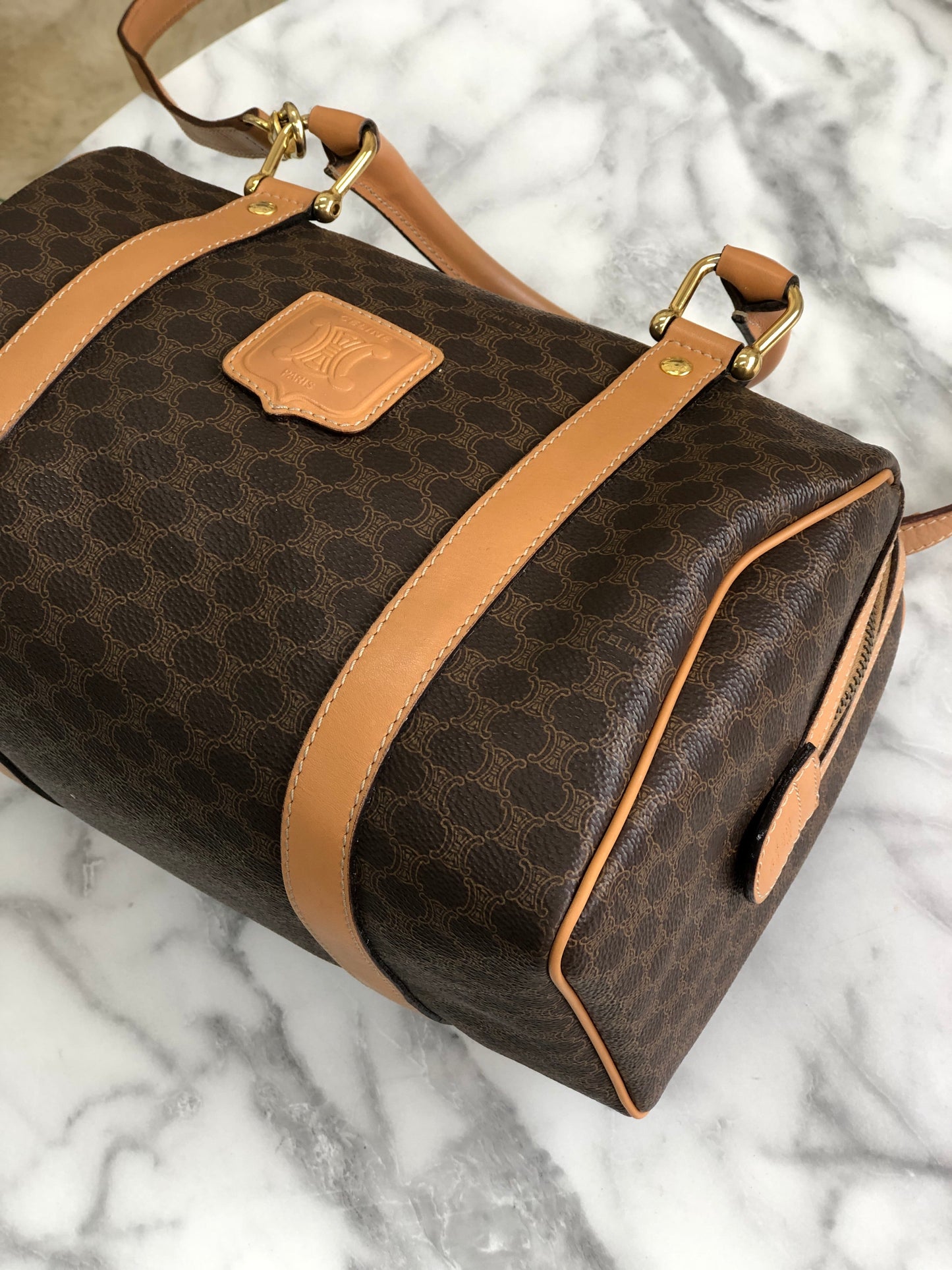 CELINE Macadam Blason Boston bag Handbag Brown Vintage Old Celine 3xwt7p