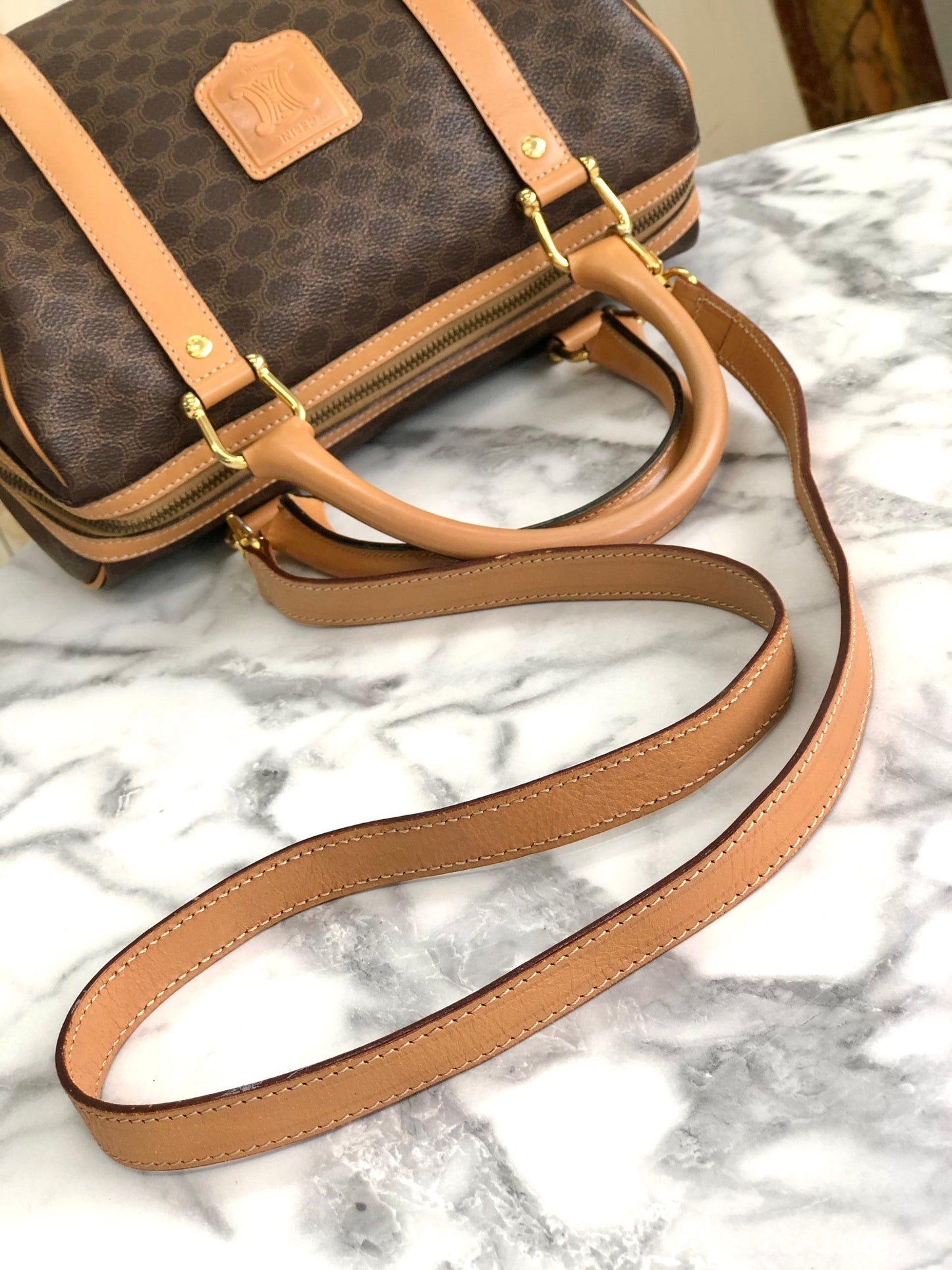 CELINE Macadam Blason Boston bag Handbag Brown Vintage Old Celine 3xwt7p
