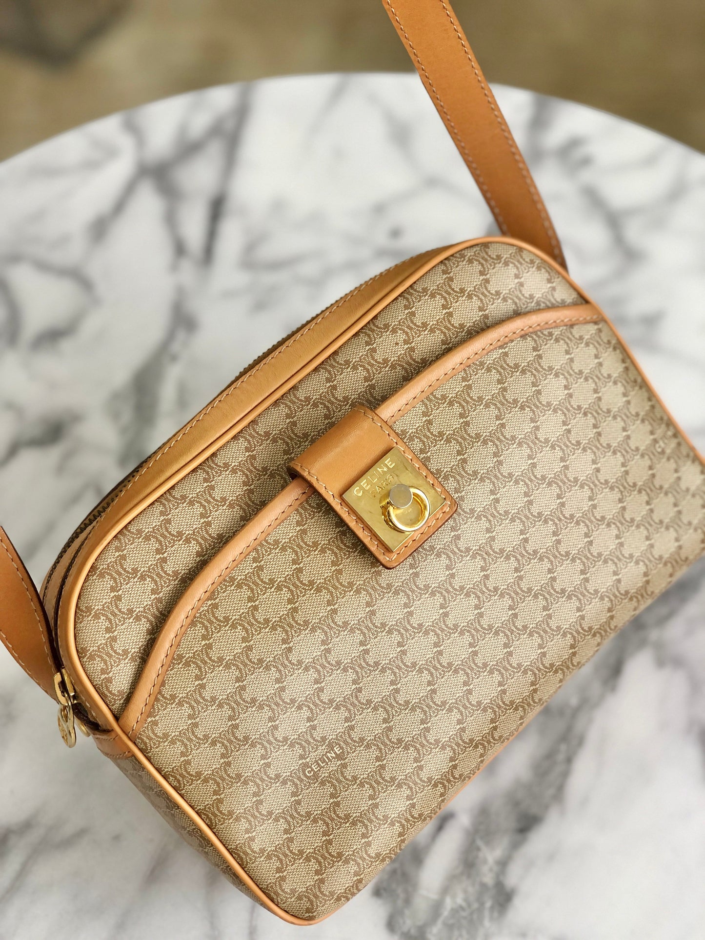 CELINE Macadam Gancini Double Zipper Shoulder bag Beige Vintage Old CELINE ka2sir