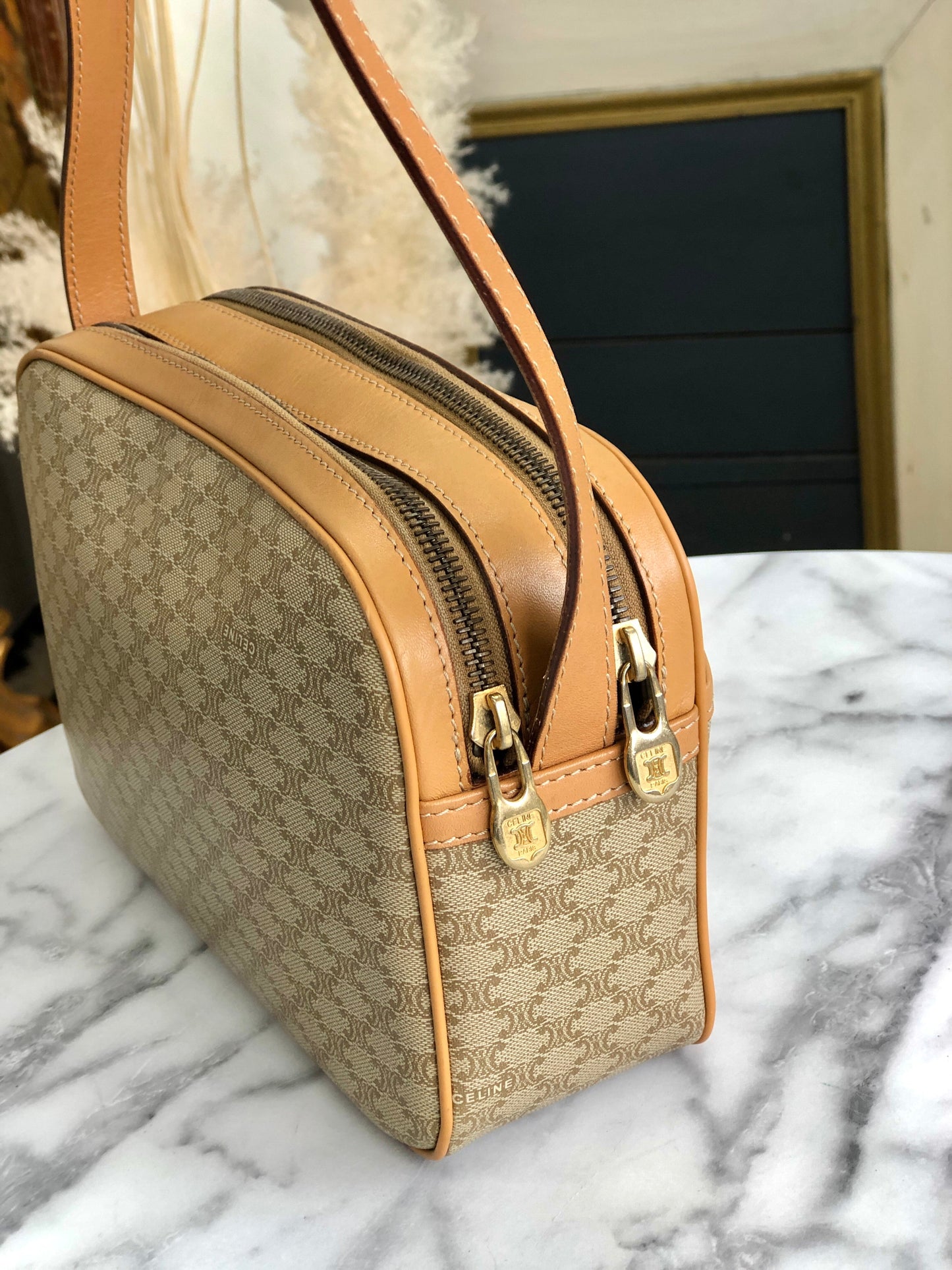 CELINE Macadam Gancini Double Zipper Shoulder bag Beige Vintage Old CELINE ka2sir