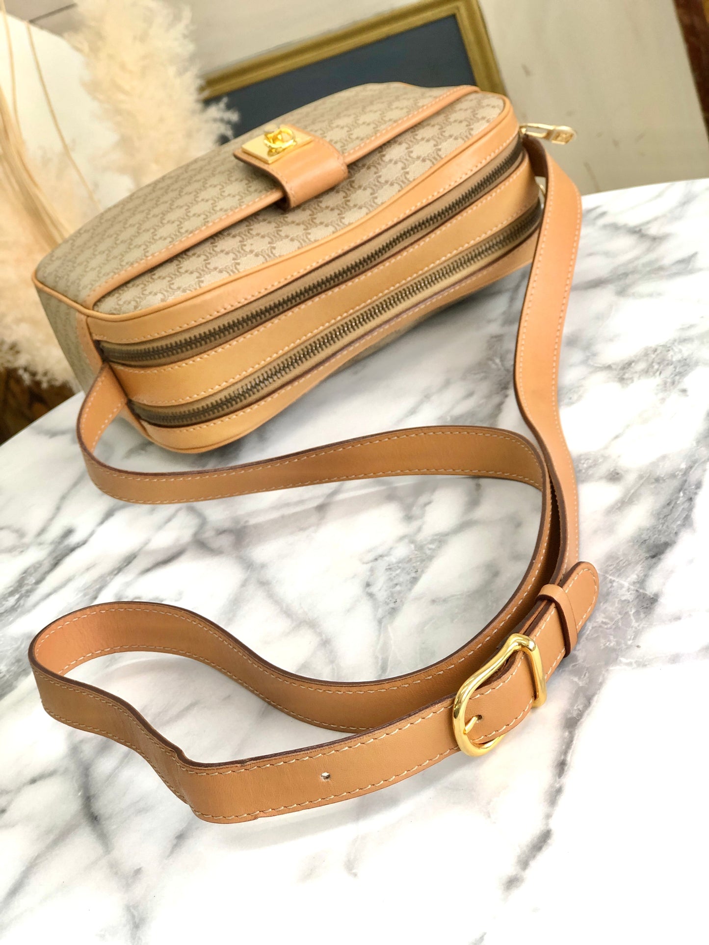 CELINE Macadam Gancini Double Zipper Shoulder bag Beige Vintage Old CELINE ka2sir