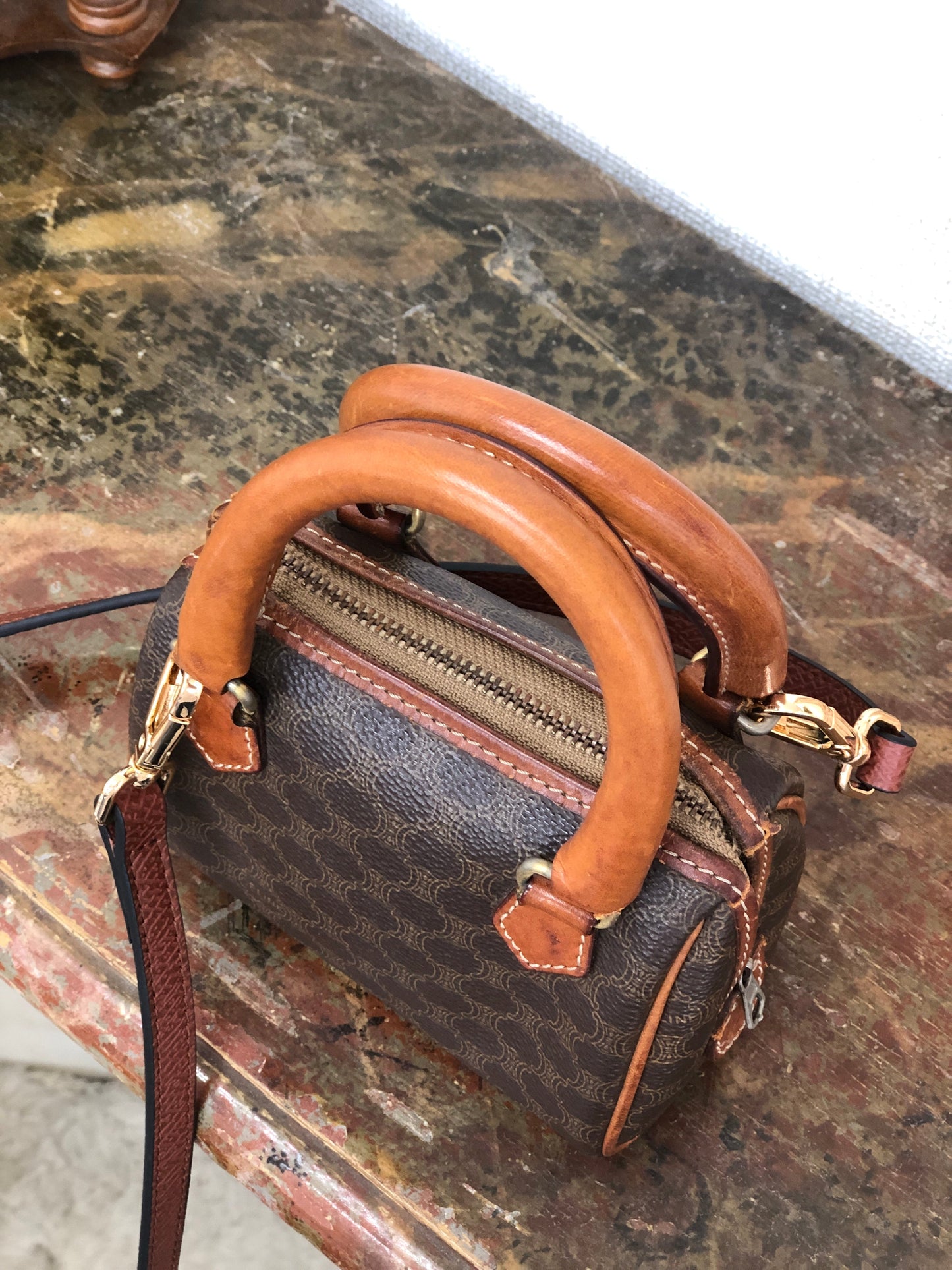 CELINE Macadam Two-way Shoulder bag Mini Boston bag Handbag Brown Vintage Old CELINE ct8j77