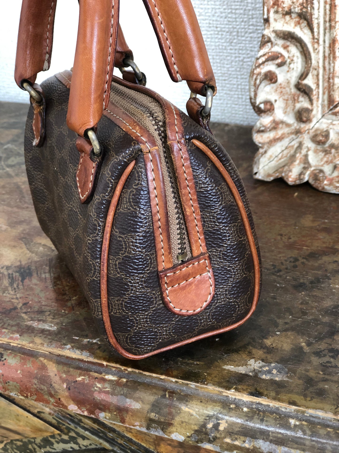 CELINE Macadam Two-way Shoulder bag Mini Boston bag Handbag Brown Vintage Old CELINE ct8j77