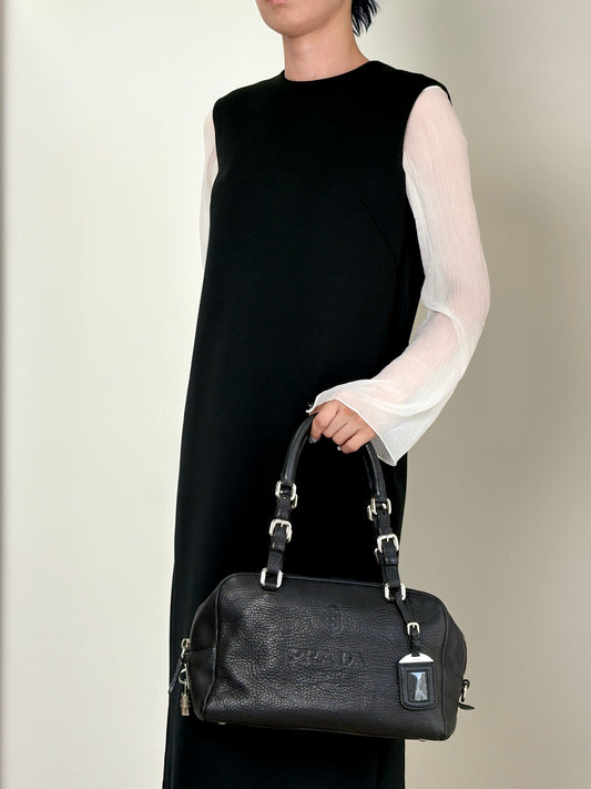 PRADA Logo Embossed Small Boston bag Handbag Black Vintage ydeszs