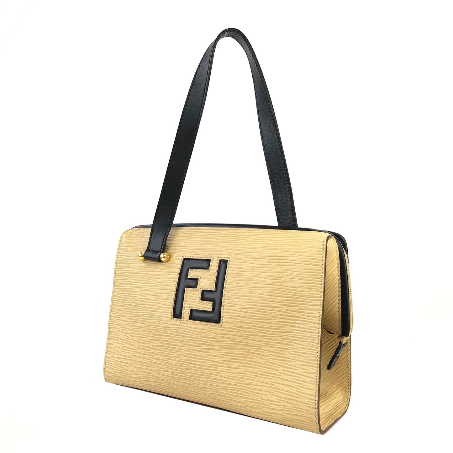 FENDI 標誌壓花皮革單手柄手提包米色復古舊款 8dd845