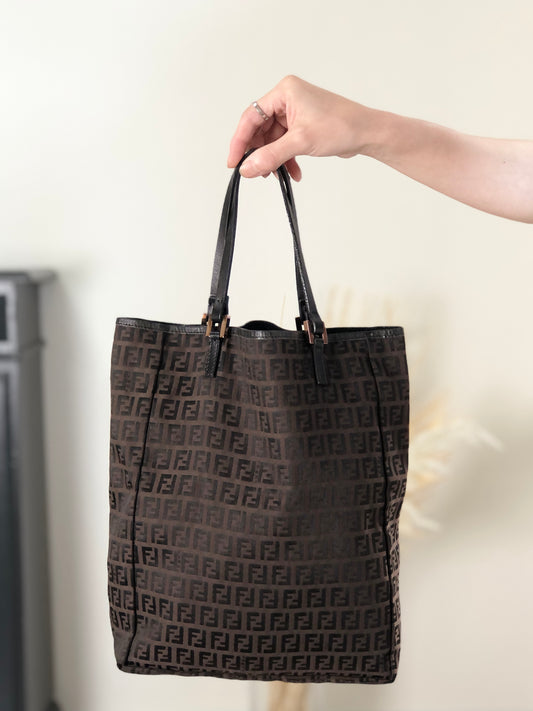 FENDI Zucchino Handbag Totebag Brown Vintage 6duur4