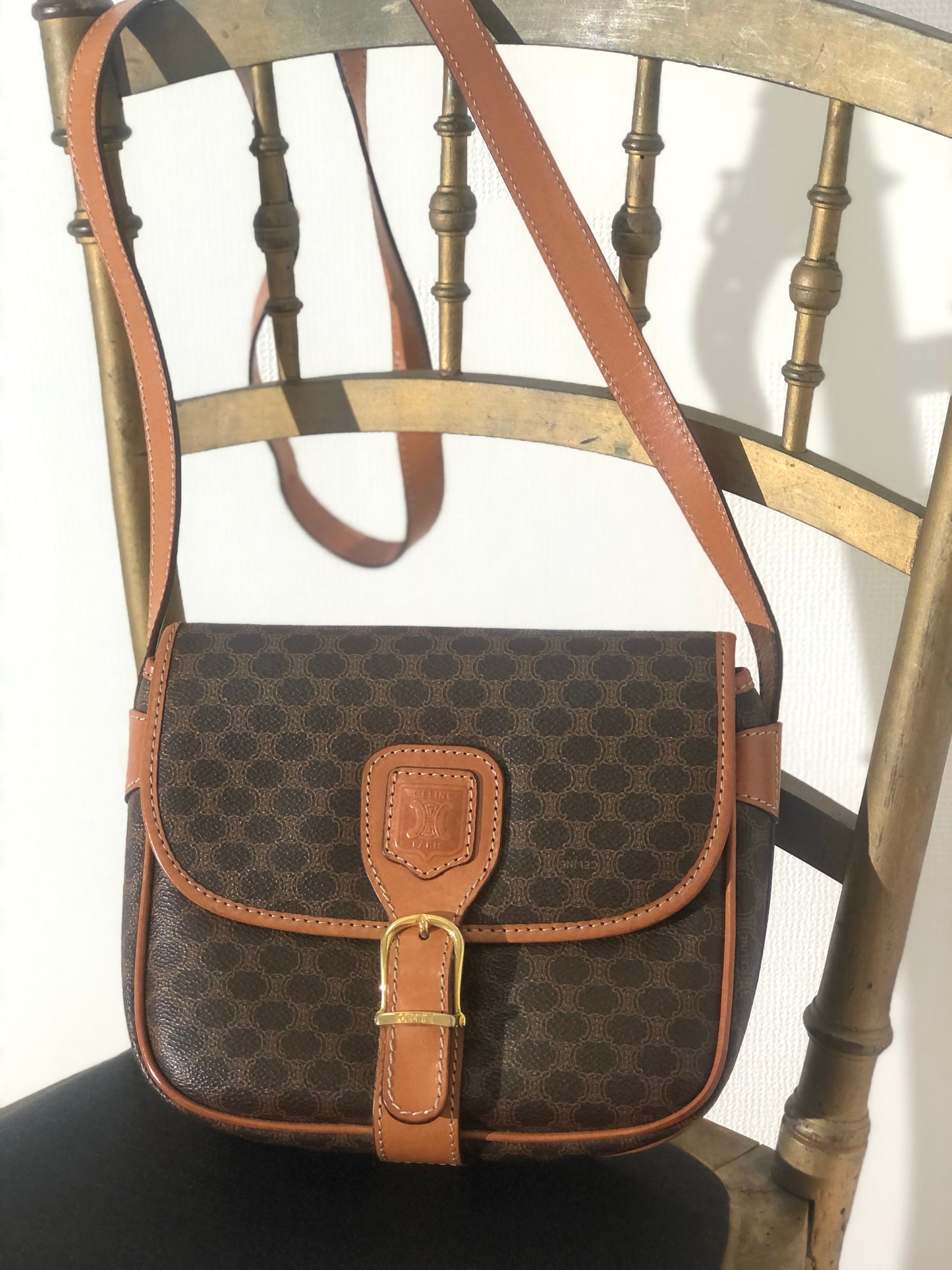 CELINE Macadam Blason Buckle Crossbody Shoulder bag Brown Vintage yge8nd