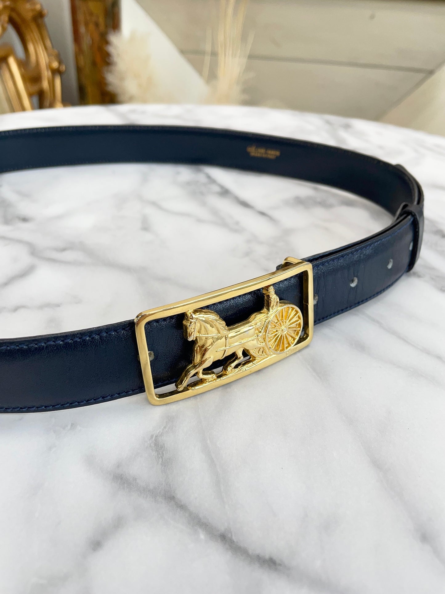 CELINE Horse carriage Belt gold Navy Vintage Old Celine 7vahtn