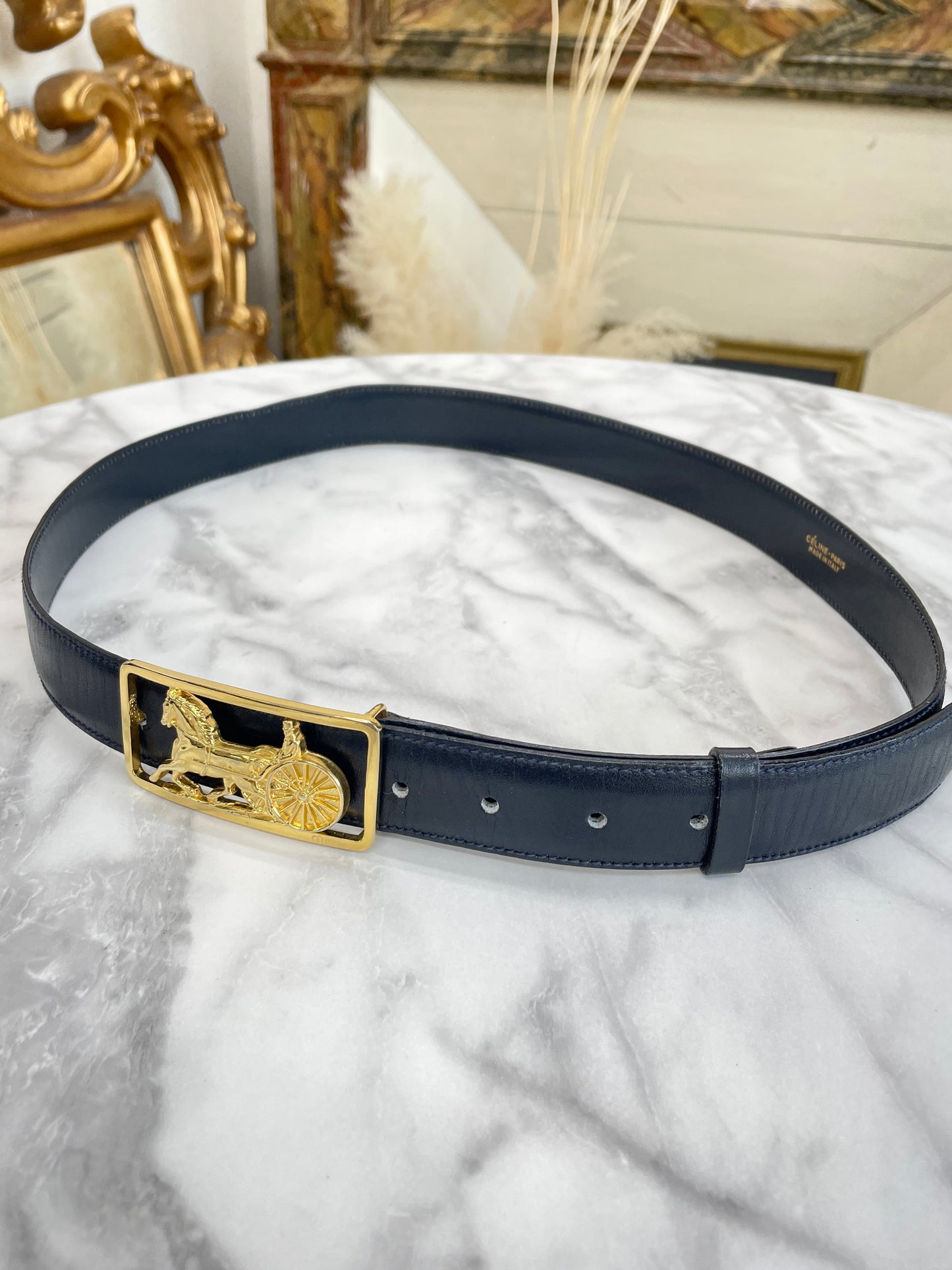 CELINE Horse carriage Belt gold Navy Vintage Old Celine 7vahtn