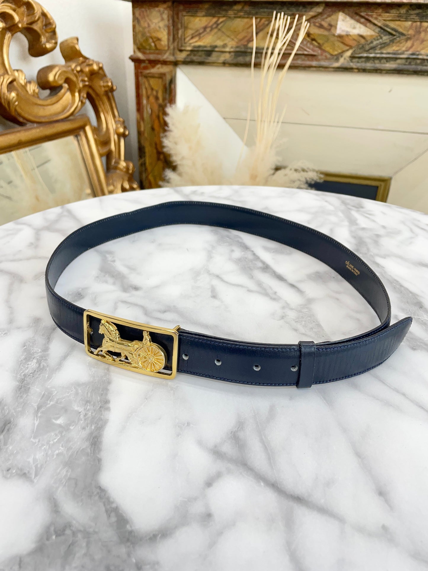 CELINE Horse carriage Belt gold Navy Vintage Old Celine 7vahtn