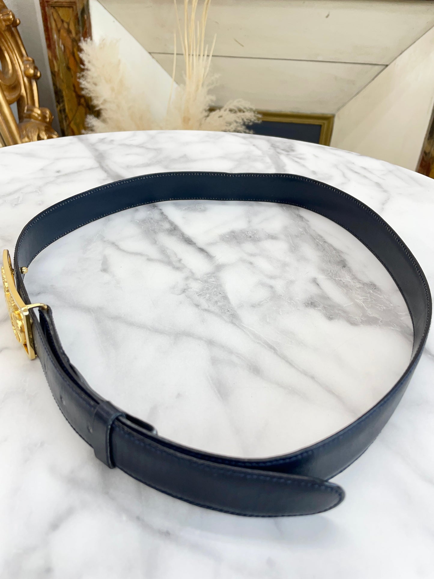 CELINE Horse carriage Belt gold Navy Vintage Old Celine 7vahtn