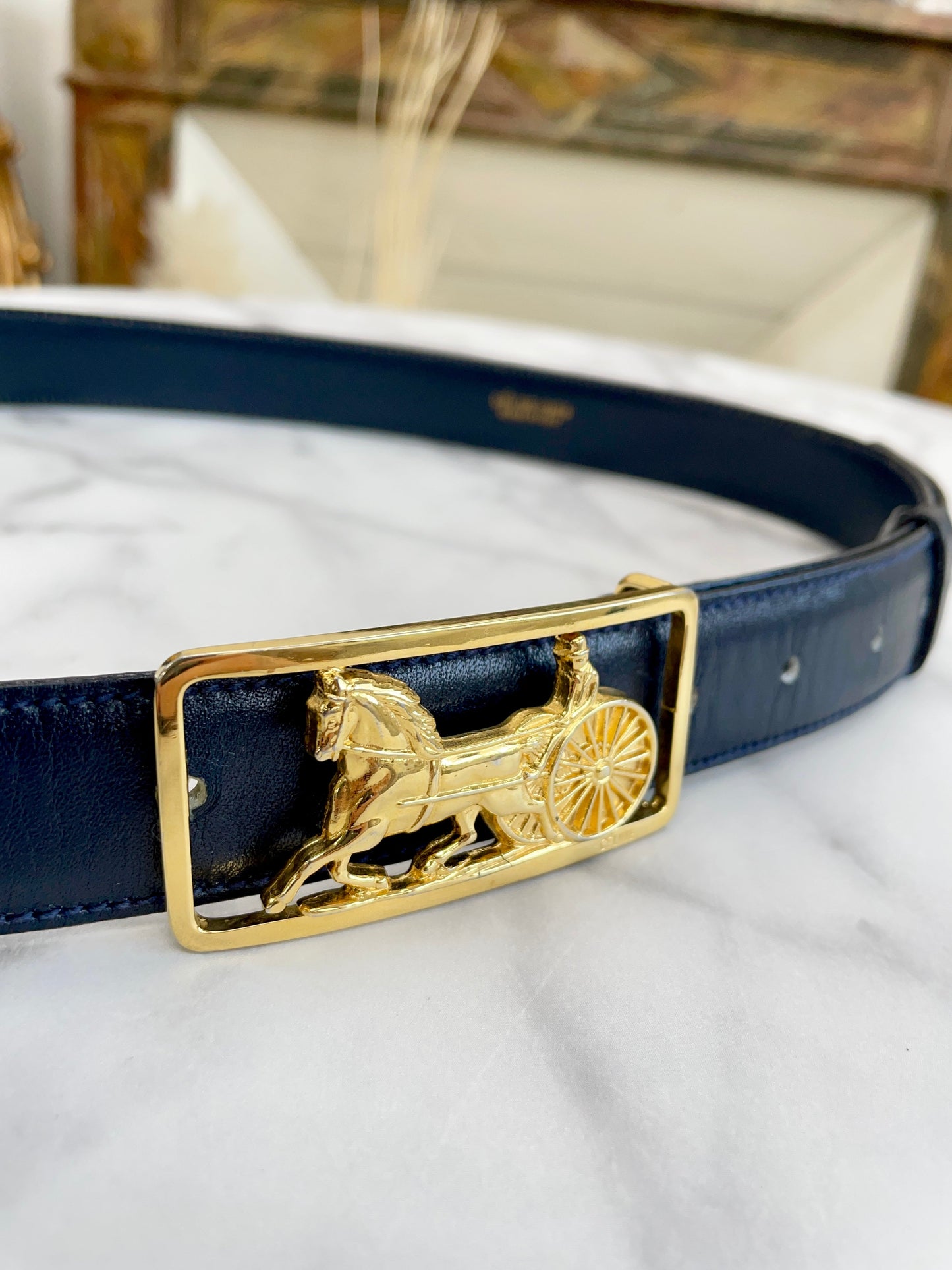 CELINE Horse carriage Belt gold Navy Vintage Old Celine 7vahtn