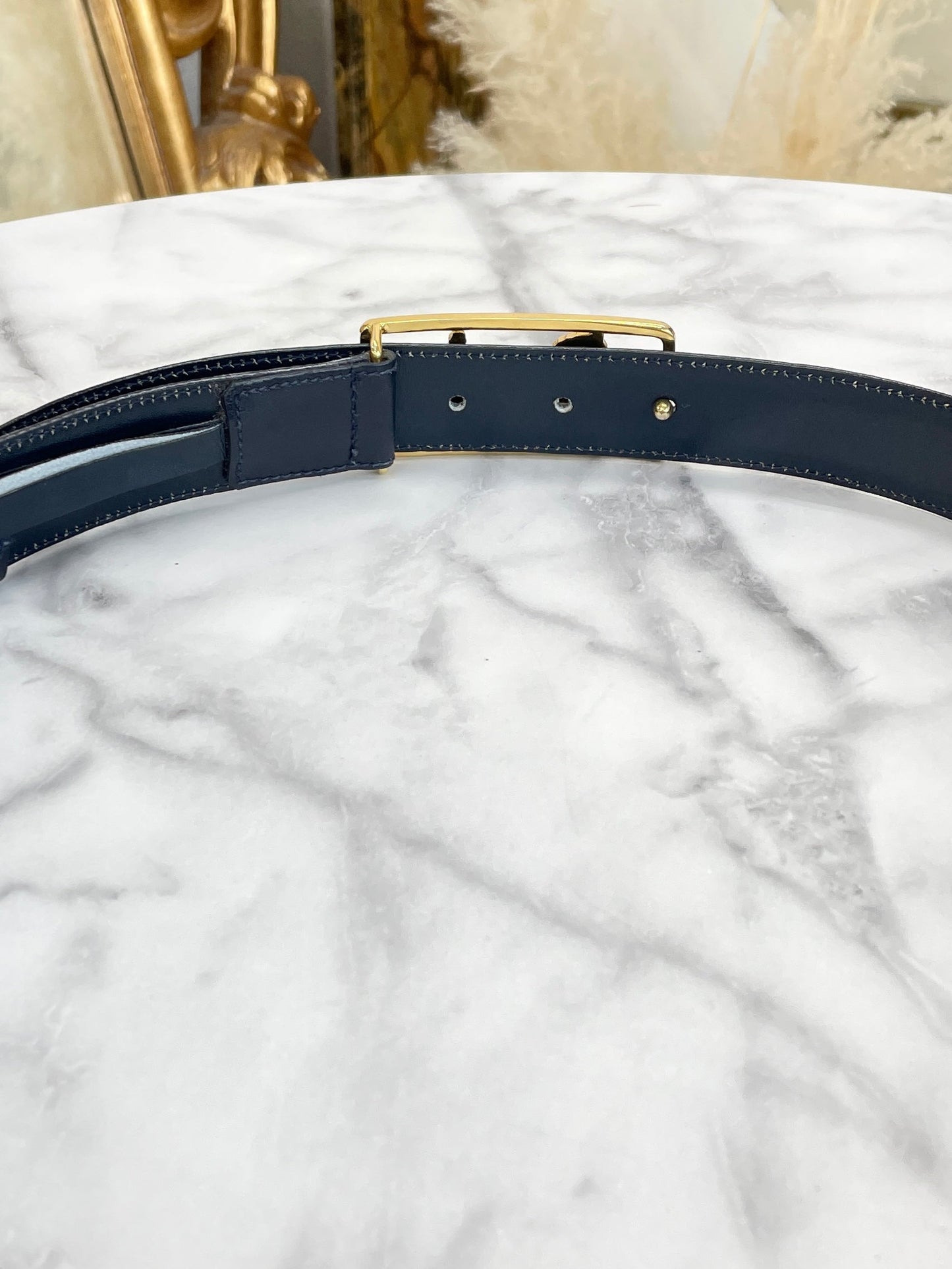 CELINE Horse carriage Belt gold Navy Vintage Old Celine 7vahtn