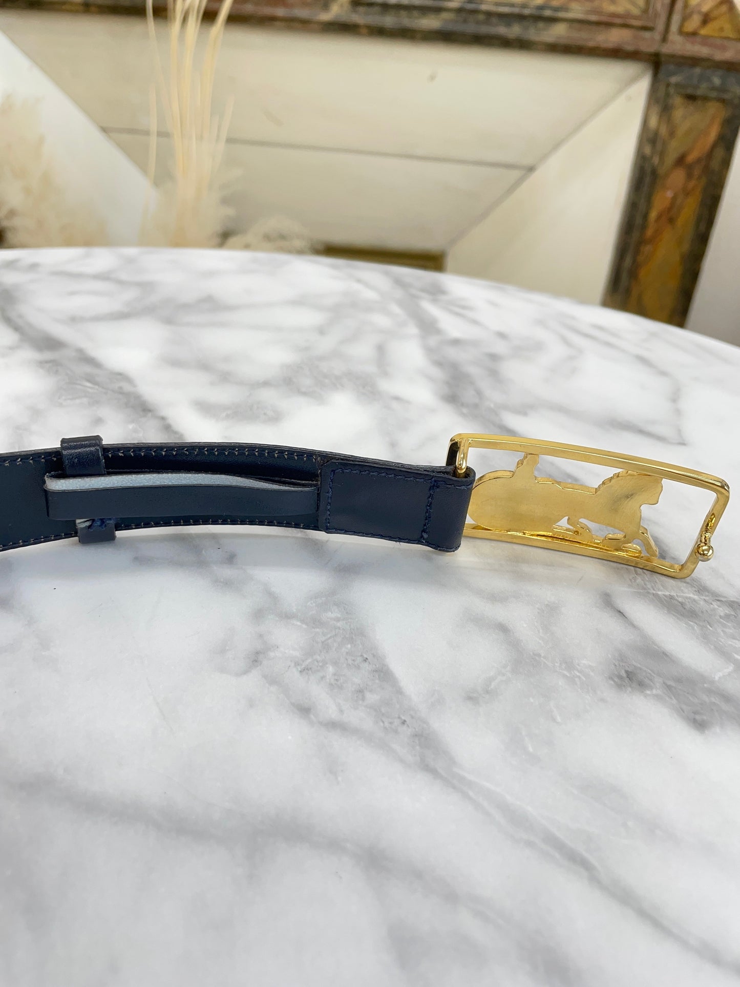 CELINE Horse carriage Belt gold Navy Vintage Old Celine 7vahtn