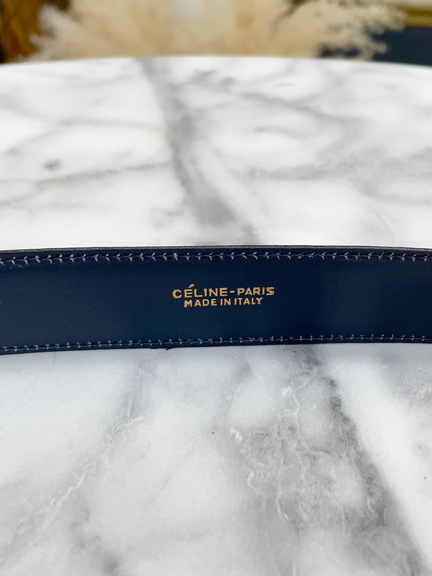 CELINE Horse carriage Belt gold Navy Vintage Old Celine 7vahtn