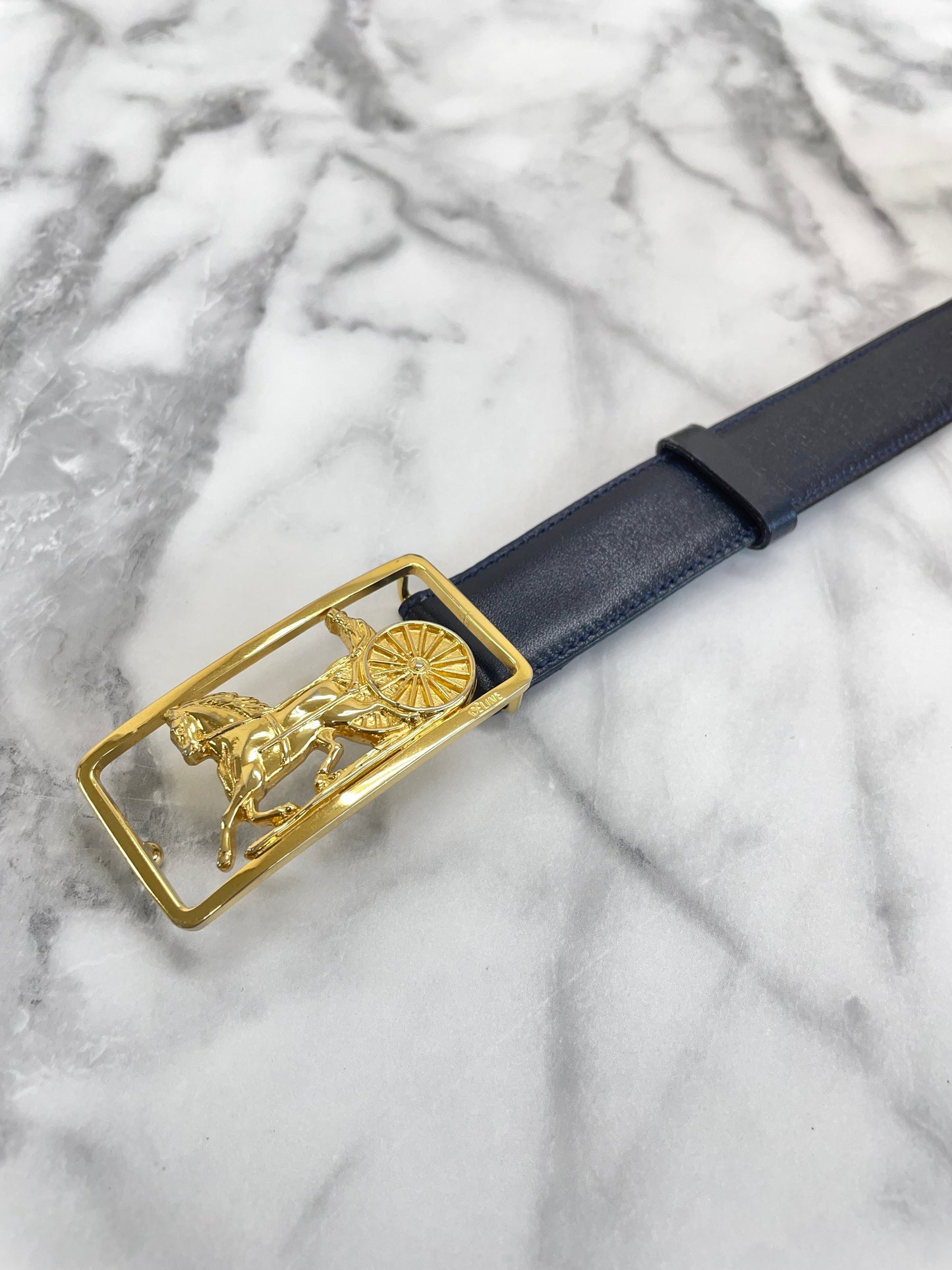 CELINE Horse carriage Belt gold Navy Vintage Old Celine 7vahtn