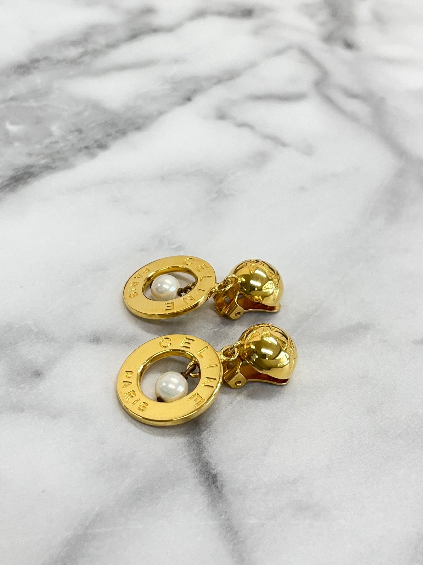CELINE Logo Circle Earrings Gold vintage old ppx74p