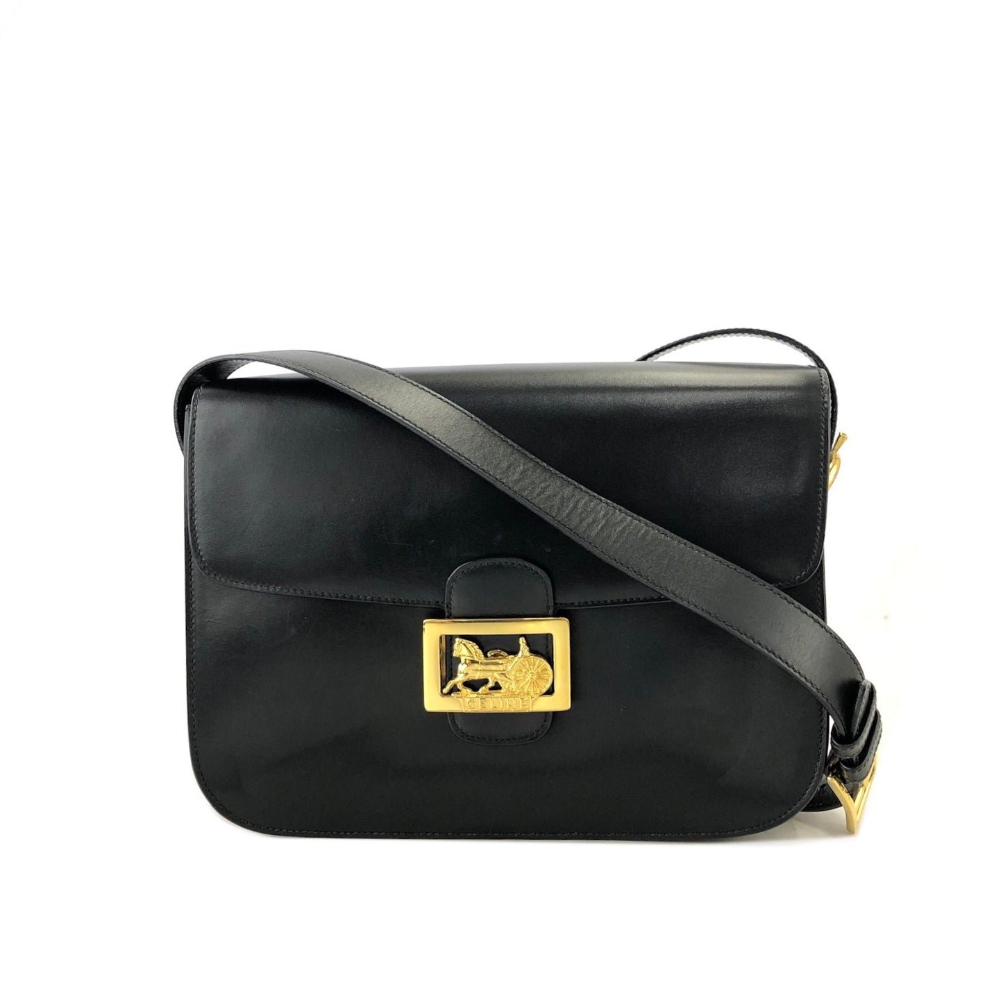 CELINE Horse carriage Leather Crossbody Shoulder bag Black Vintage Old celine 4vjaaf