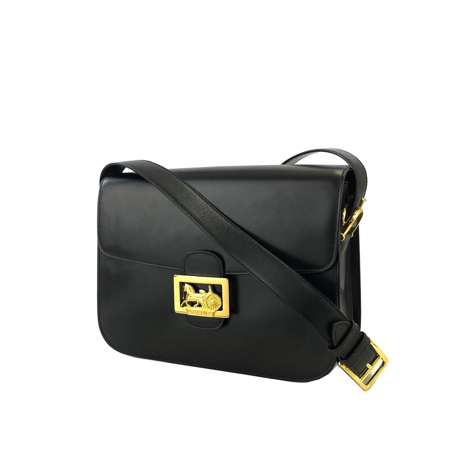 CELINE Horse carriage Leather Crossbody Shoulder bag Black Vintage Old celine 4vjaaf