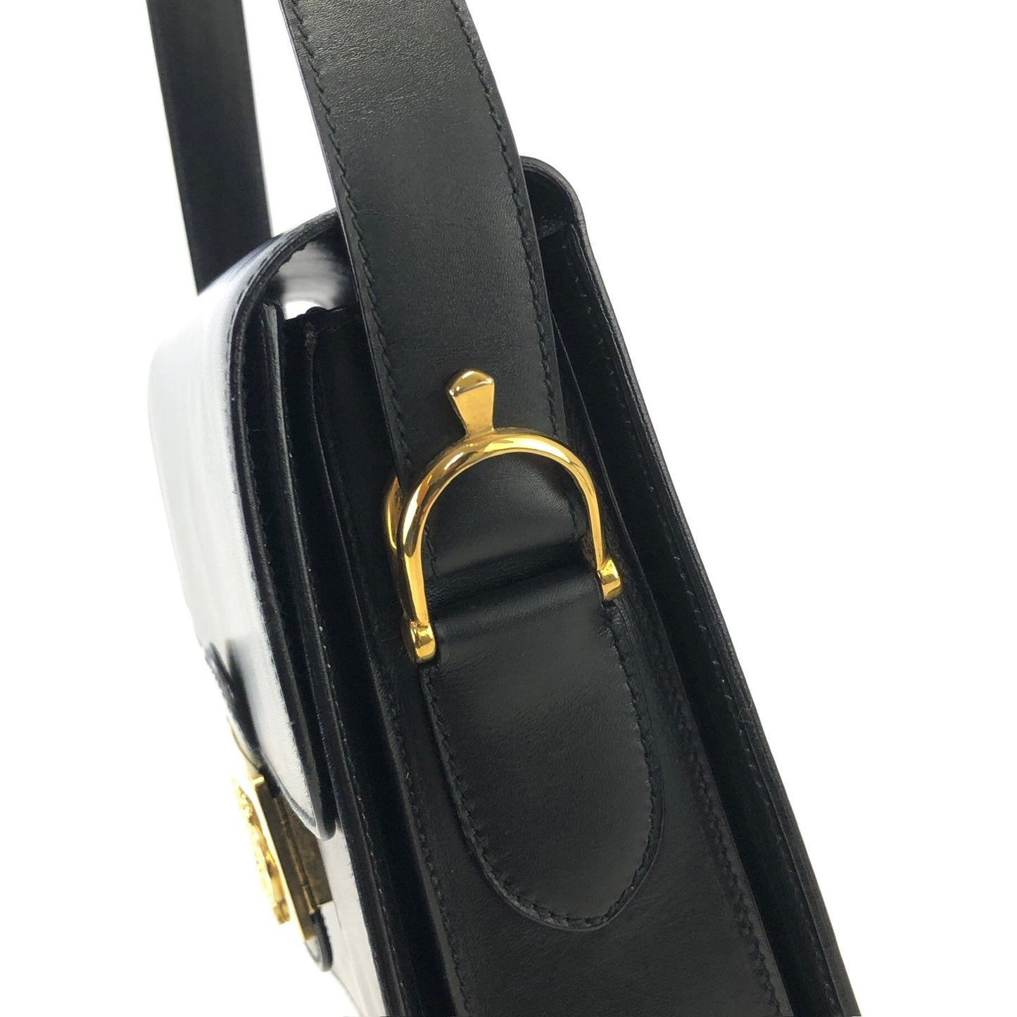 CELINE Horse carriage Leather Crossbody Shoulder bag Black Vintage Old celine 4vjaaf